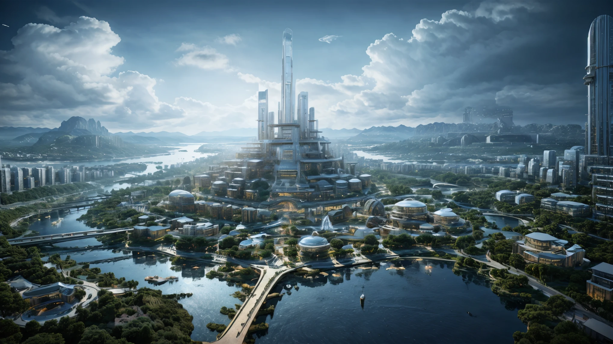 (An island city floating in the clouds),(sky cities), Fantasy style, a 3D render, futuristic utopian fantasy, Future Style, beeple style,planetary city, futuristic utopia,Contains various ancient buildings,a plant,Colorful lights,ultra - detailed,actual,Vast clouds and stars,looking from above, night background roof,rays of moonlight,natta,Background with,ancient buildings of China,misty mountains,contours,8K