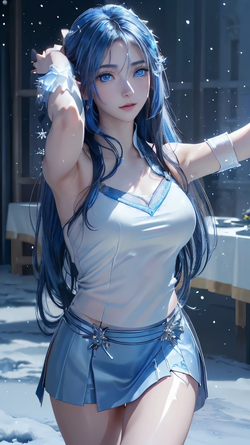 (logo, masterpiece, 8k, table top, RAW photo, wonderful, 最high quality, Photorealistic and hvery detailed CG integrated 8k wallpaper, high quality, very detailed, Narrative poem, particle effects, dynamic effects, written boundary depth, cinematic light, Lens flare, ray tracing)), fantasy, ((1 beautiful woman, clear blue eyes, 銀色のlong hair, beautiful face, real face, beautiful detailed eyes, beautiful skin, woman dancing gracefully:1.7, woman dancing gracefully:1.7)), long hairがWindでなびく, long hairが跳ねる, long hairがWindで踊る, hair jump, jewelry, tattoo, Hanfu, chinese fairy, taoist uniform, silver earrings, ((night, Wind, darkness, full moon, night空, 雪とhoarfrost, very cold winter day, snow-capped mountainや森, hoarfrost, snow-capped mountain々, The beauty and brilliance of frost-covered trees, The tranquility and beauty of a world of ice and snow)), hip up, beautiful eyes, long hair, ring-shaped eyes