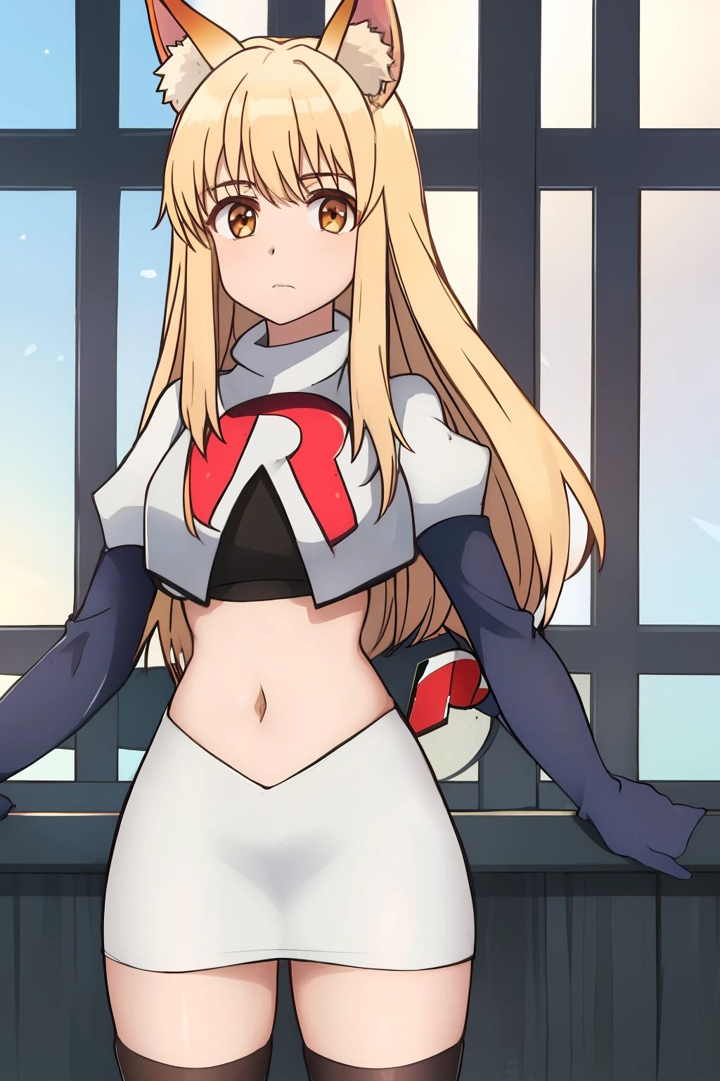 nina, 1girl, solo, long_hair, looking_at_viewer, bangs, blonde_hair, animal_ears, brown_eyes, yellow_eyes, animal_ear_fluff, fox_ears, sleeveless_kimono, team rocket,team rocket uniform, red letter R, white skirt,white crop top,black thigh-highs ,black elbow gloves