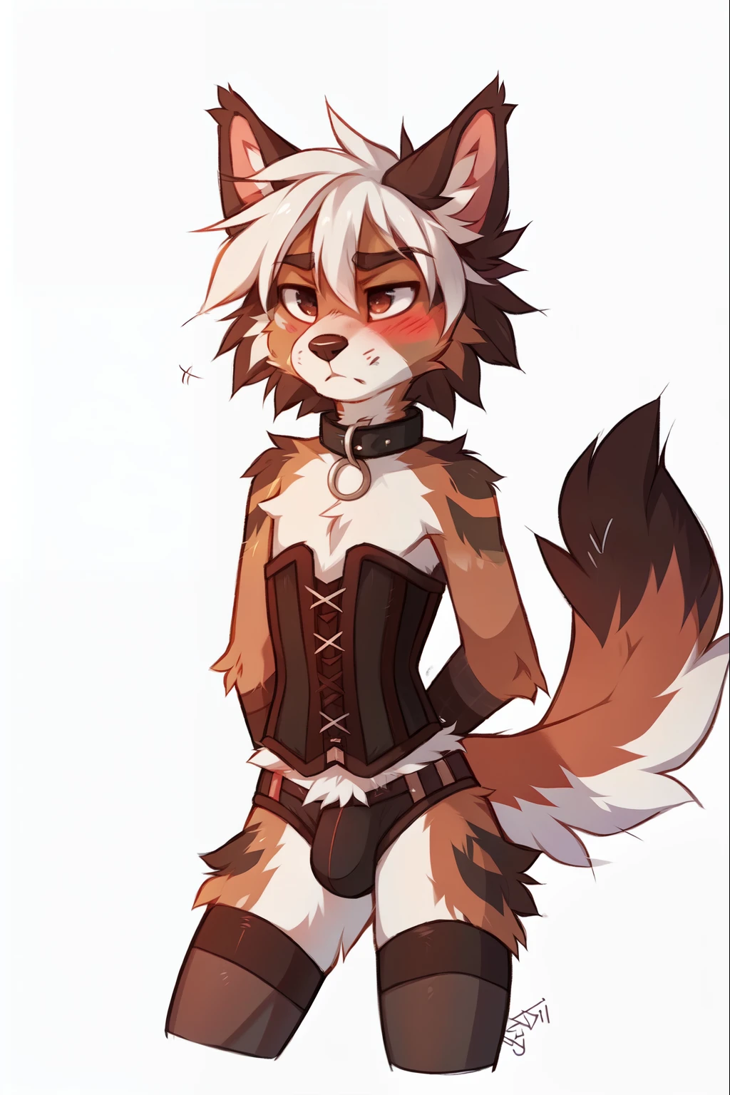 No background, white background, ((by keihound, by reysi)), by Zackary911, by hyattlen, by fumiko, by fluff-kevlar, Furry, Anthro, ((Australian Shepard)), ((loose collar)), (()), ((twink)), ((small)), ((bored eyes)), ((annoyed expression)), ((blushing)), ((shaking motion line)), full body, short white hair, ((fluffy tail)), ((corset, bulge, stockings)),