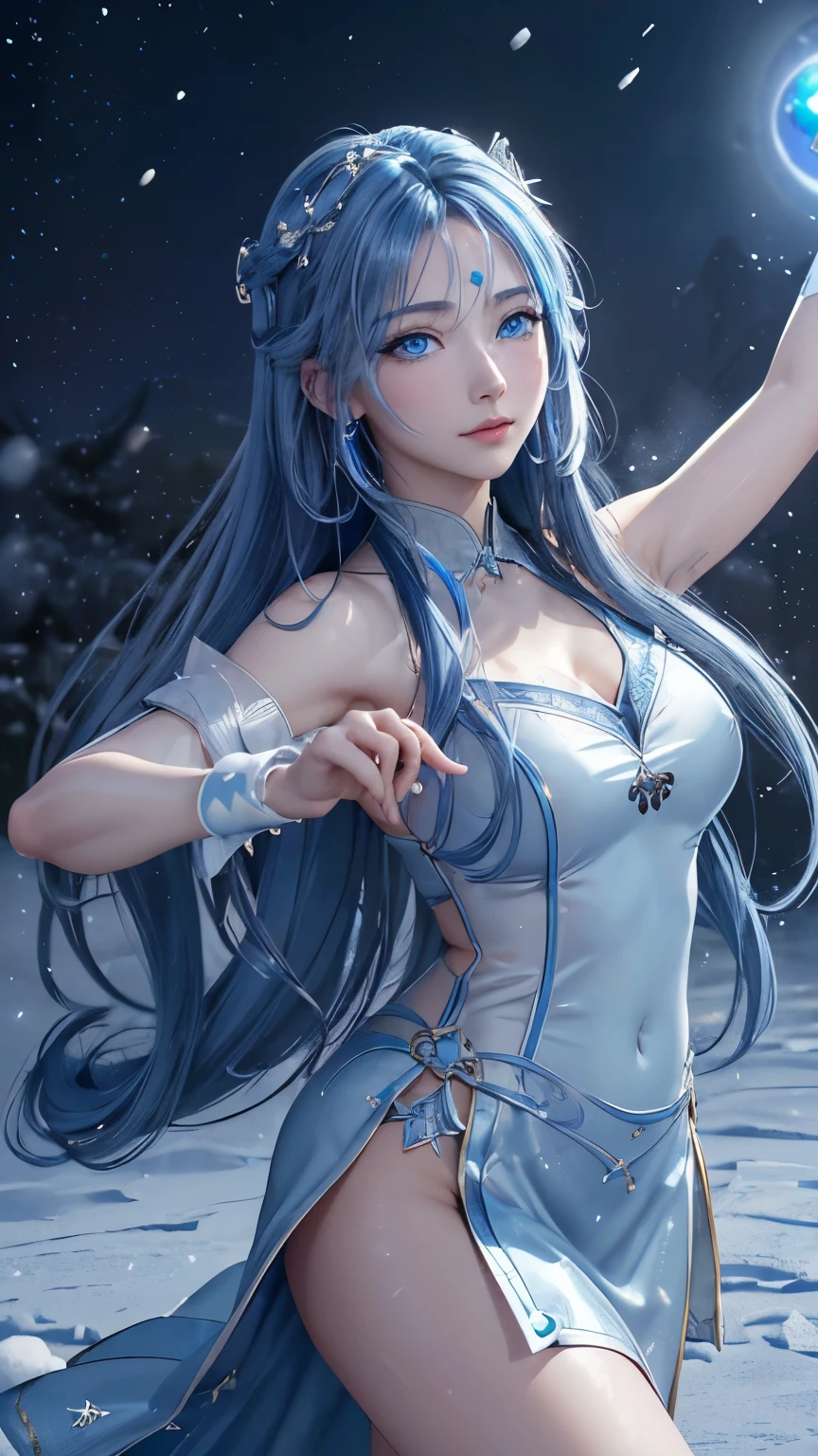 (logo, masterpiece, 8k, table top, RAW photo, wonderful, 最high quality, Photorealistic and hvery detailed CG integrated 8k wallpaper, high quality, very detailed, Narrative poem, particle effects, dynamic effects, written boundary depth, cinematic light, Lens flare, ray tracing)), fantasy, ((1 beautiful woman, clear blue eyes, 銀色のlong hair, beautiful face, real face, beautiful detailed eyes, beautiful skin, woman dancing gracefully:1.7, woman dancing gracefully:1.7)), long hairがWindでなびく, long hairが跳ねる, long hairがWindで踊る, hair jump, jewelry, tattoo, Hanfu, chinese fairy, taoist uniform, silver earrings, ((night, Wind, darkness, full moon, night空, 雪とhoarfrost, very cold winter day, snow-capped mountainや森, hoarfrost, snow-capped mountain々, The beauty and brilliance of frost-covered trees, The tranquility and beauty of a world of ice and snow)), hip up, beautiful eyes, long hair, ring-shaped eyes