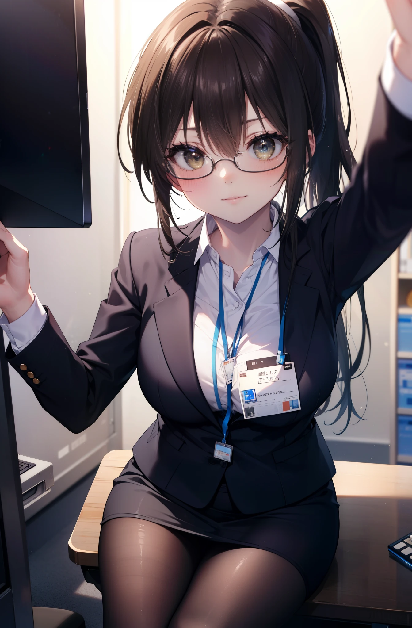 kotegawayui, Yui Kotegawa, black hair, (brown eyes:1.5), smile,blush,ponytail,long hair, OL, Black Abyss glasses, end, black suit jacket, collared jacket, white dress shirt, collared shirt, neckline, button, strap, ID card on neck, black pencil skirt, black pantyhose, smile, blush, looking at the viewer, Charm, Mechanical,on your computer,sitting in a chair, interior,ブラインドタッチ
break looking at viewer,
break indoors, office,
break (masterpiece:1.2), highest quality, High resolution, unity 8k wallpaper, (figure:0.8), (detailed and beautiful eyes:1.6), highly detailed face, perfect lighting, Very detailed CG, (perfect hands, perfect anatomy),