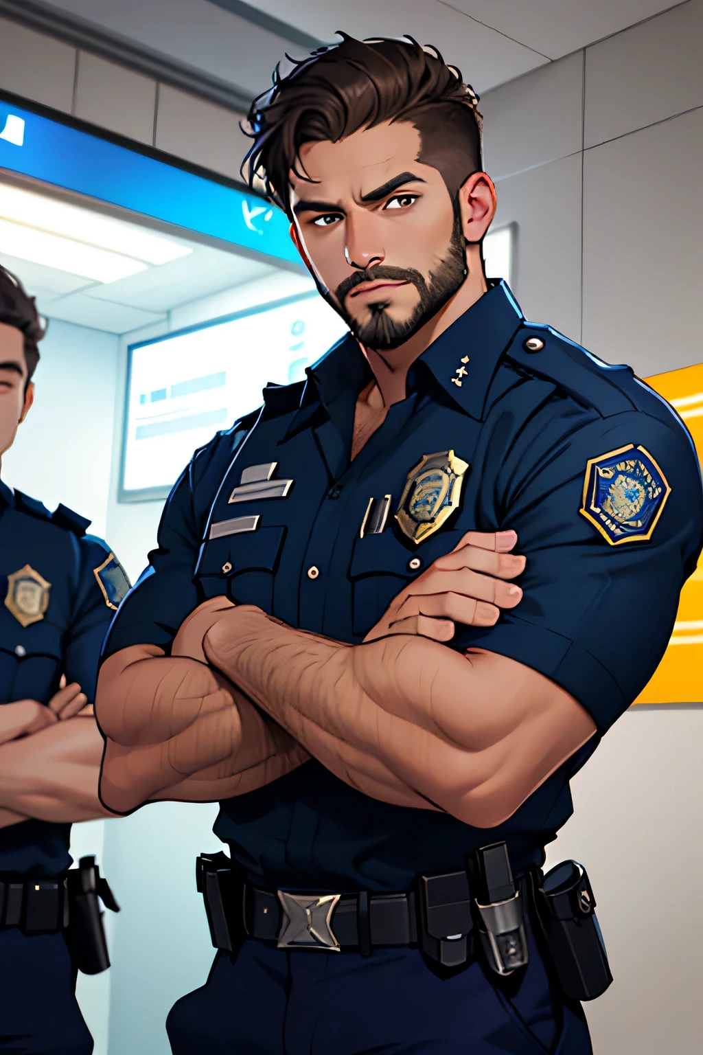 ((best quality)), ((masterpiece)), (detailed), perfect face, man, dark hair, brown eyes, has a beard, serious expression, wearing a police uniform, crossing arms, background is a police station