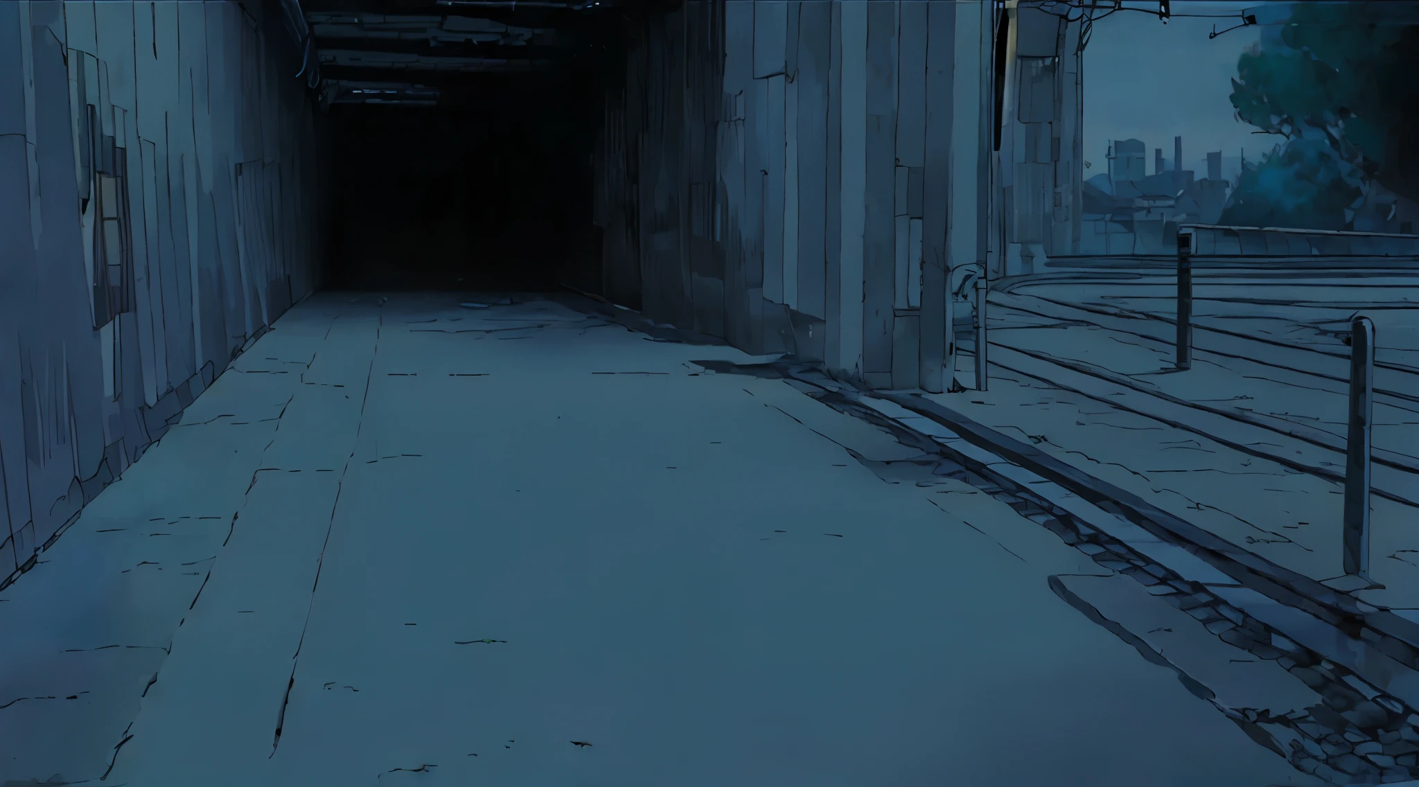 there is a long walkway with a train station in the background, train track in background behind metal fence, dark train tunnel entrance, destroyed streets backdrop, retro style, city in the far background, stone paving