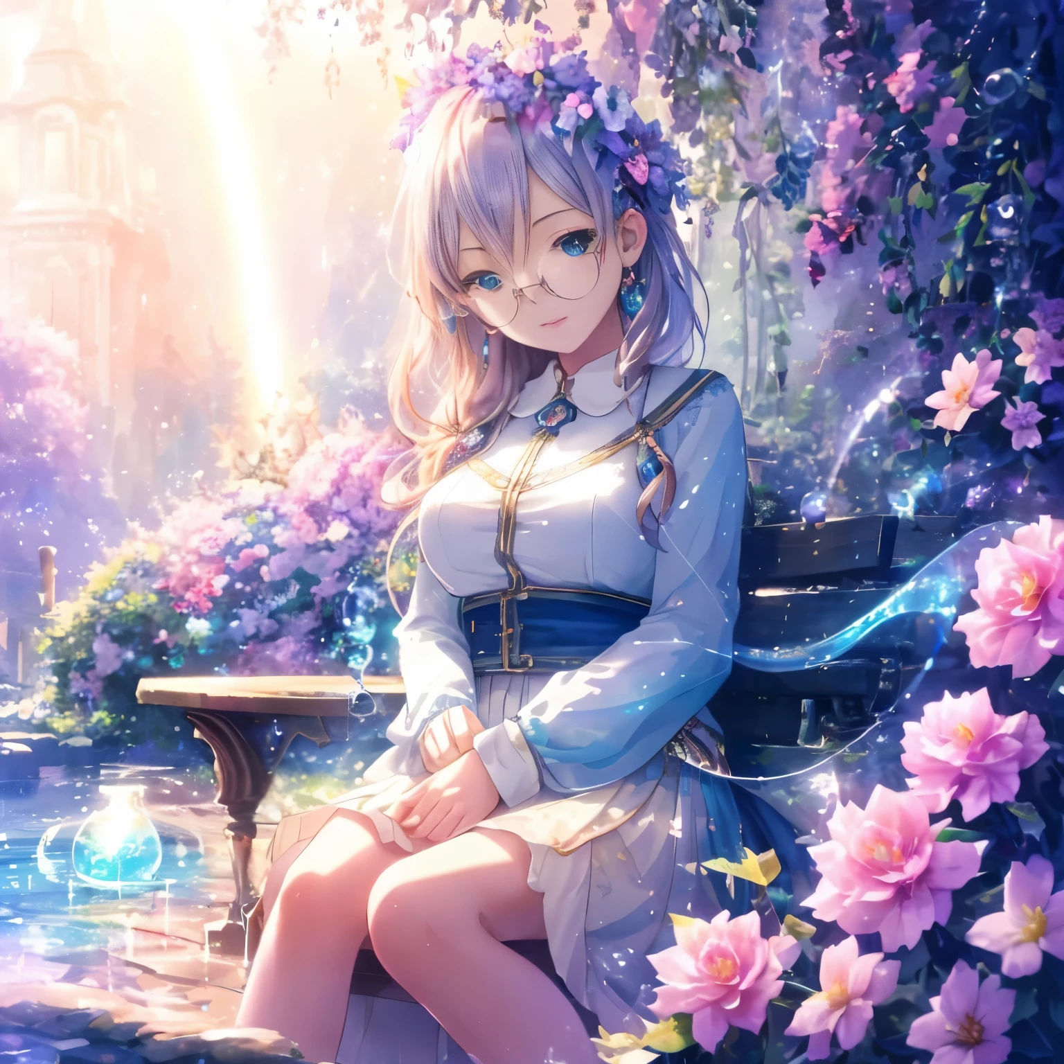 (high quality, 8k), (soft light), Rainbow-colored, one girl, detailed face, fine eyes, watercolor paiting, so magical and dreamy, dreamy and detailed, dreamy atmosphereとドラマ, gorgeous atmosphere, fantastic beautiful lighting, dreamy atmosphere, beautiful atmosphere, dreamy romantic, fantastic dreamy theme, magical atmosphere, beautiful atmosphere, anime background art, magical atmosphere + table top, dreamy aesthetics, Beautiful details with atmosphere, lots of flowers, bubble, water, flower garden, sitting on the ground, shining eyes, (Glasses)