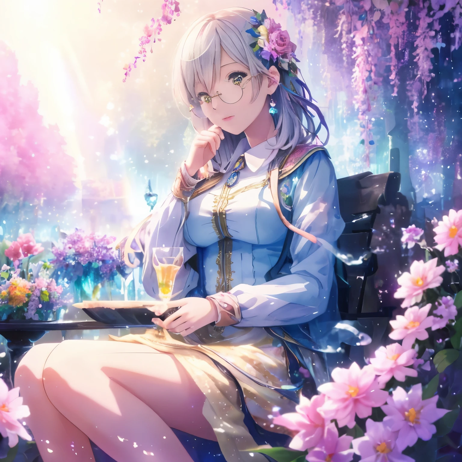 (high quality, 8k), (soft light), Rainbow-colored, one girl, detailed face, fine eyes, watercolor paiting, so magical and dreamy, dreamy and detailed, dreamy atmosphereとドラマ, gorgeous atmosphere, fantastic beautiful lighting, dreamy atmosphere, beautiful atmosphere, dreamy romantic, fantastic dreamy theme, magical atmosphere, beautiful atmosphere, anime background art, magical atmosphere + table top, dreamy aesthetics, Beautiful details with atmosphere, lots of flowers, bubble, water, flower garden, sitting on the ground, shining eyes, (Glasses)