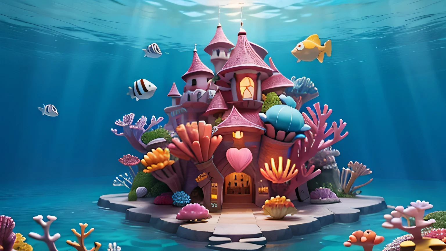 an undersea castle,In the background is a Disney animation Pixar style coral reef fish and sea life castle,Clear contours. Clownfish in the background, jellyfish, Using Disney Pixar style crab and turtle characters.