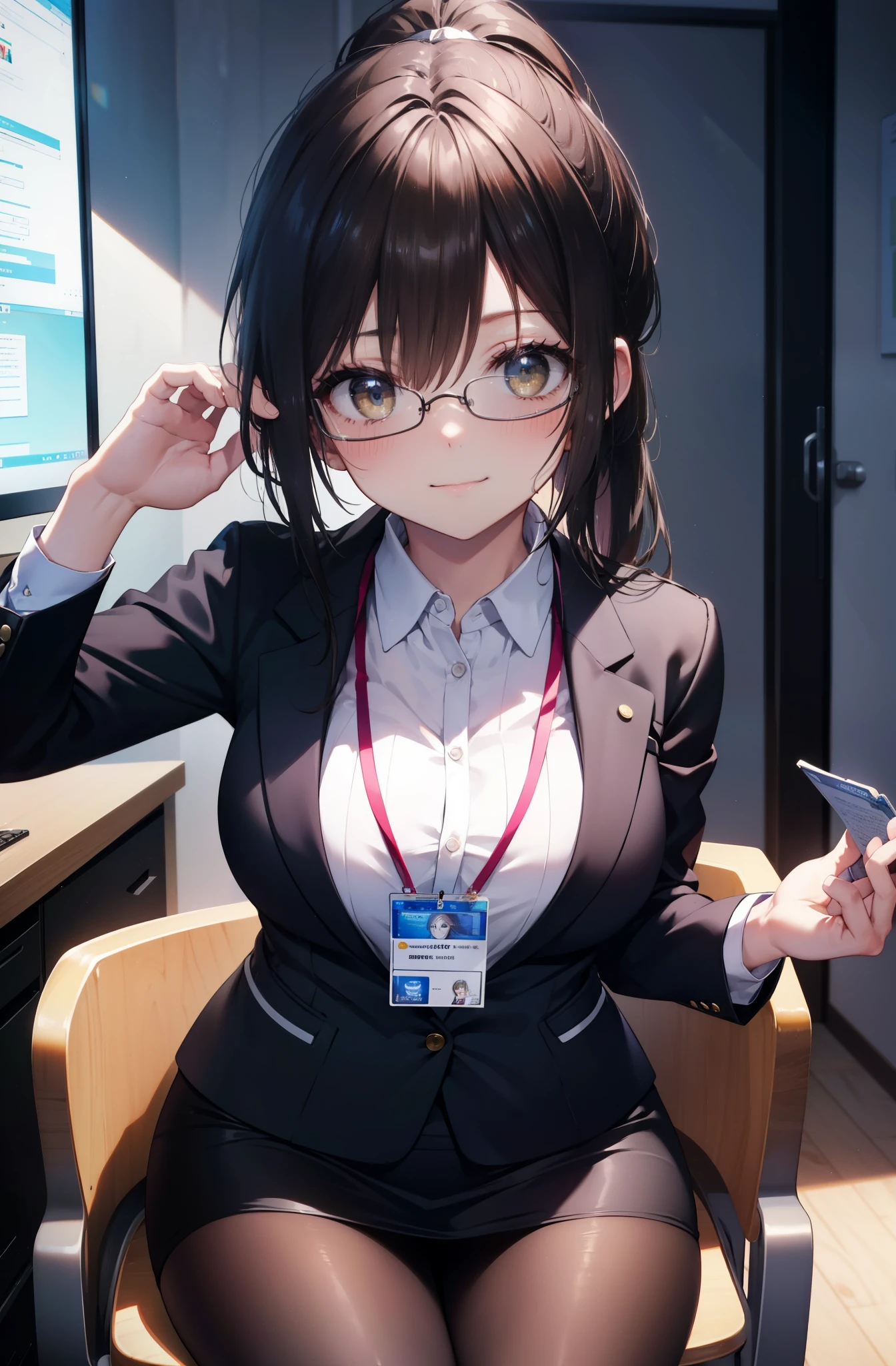 kotegawayui, Yui Kotegawa, black hair, (brown eyes:1.5), smile,blush,ponytail,long hair, OL, Black Abyss glasses, end, black suit jacket, collared jacket, white dress shirt, collared shirt, neckline, button, strap, ID card on neck, black pencil skirt, black pantyhose, smile, blush, looking at the viewer, Charm, Mechanical,on your computer,sitting in a chair, interior,ブラインドタッチ
break looking at viewer,
break indoors, office,
break (masterpiece:1.2), highest quality, High resolution, unity 8k wallpaper, (figure:0.8), (detailed and beautiful eyes:1.6), highly detailed face, perfect lighting, Very detailed CG, (perfect hands, perfect anatomy),