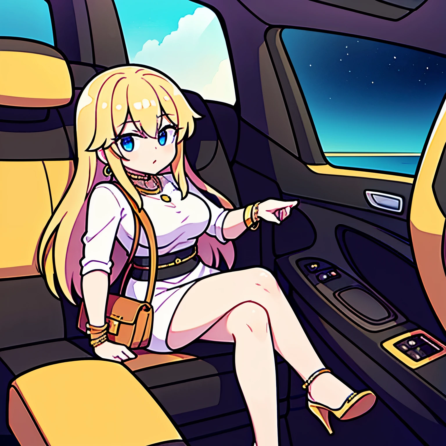 A 150-pound rich girl,Wear gold jewelry,Portable Hermès bag,Sitting in a luxury car with legs crossed