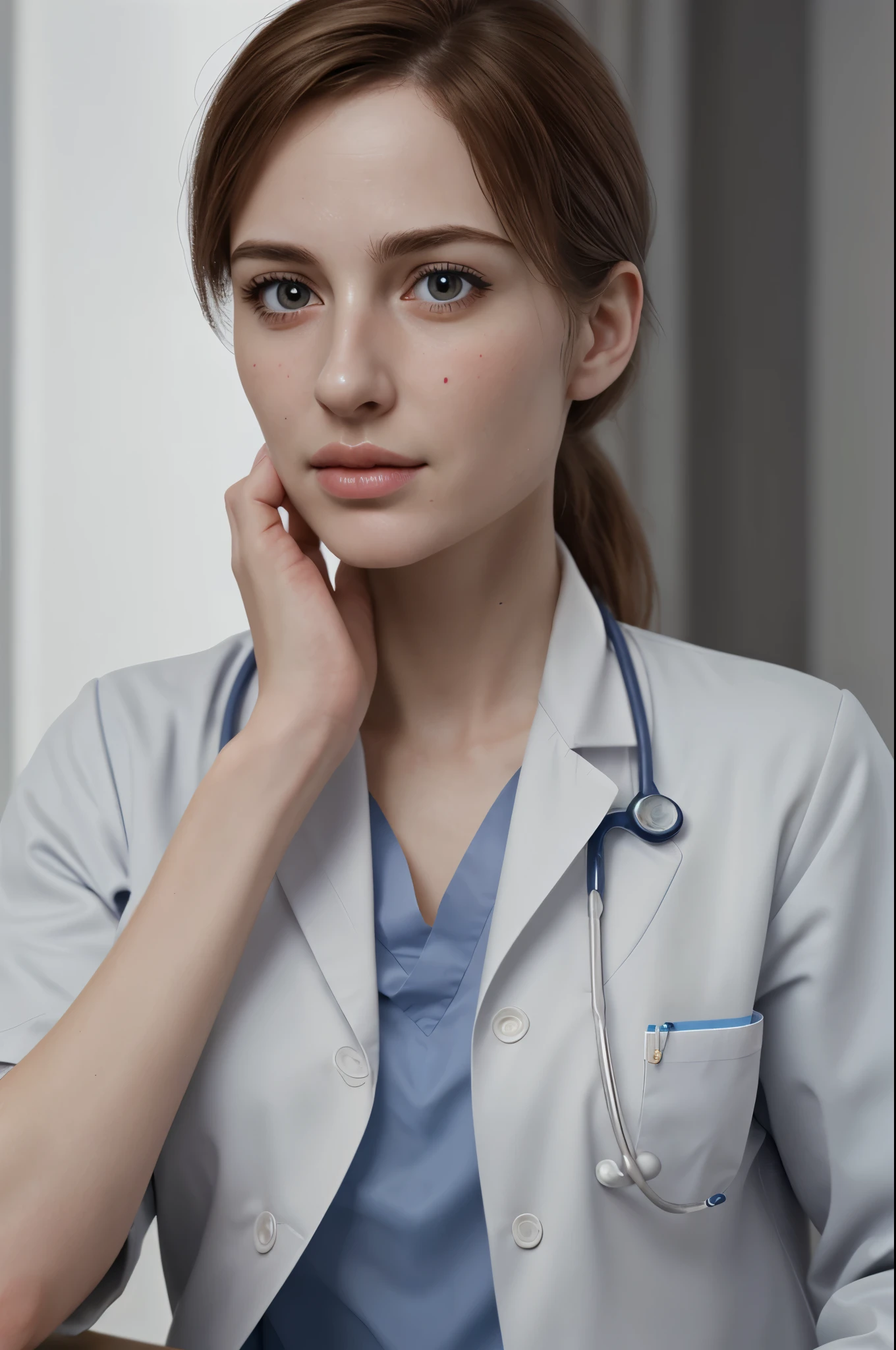 masterpiece, best quality, extremely detailed, hyperrealistic, photorealistic, a beautiful french doctor, doctor uniform, one hand up, elbows on table, placing her hand on her cheek, hospital:1.1, ultra detailed face
