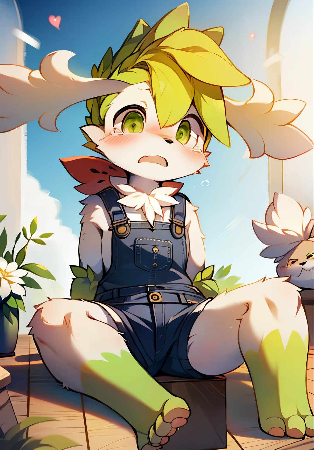 masterpiece,high quality,abstract research,number\(artwork\), yupa, Kiyoyama,(Hana Charcoalo,fluffy fur,Character focus:1.1),Hana Charcoalo male cat,short hair,portrait , eyes are very bright, panoramic, Character focus.(Detailed background:0.7), alone, hairy, hairy male, Shaymin，Sky forme Shaymin，male focus, juvenile，Shota，**********，Hana Charcoal,(全身hairy的, hairy的尾巴, white fur, green eyes, big ear，green hair，Green paws，green feet:1.2), (canine、overalls shorts：1.2），（External、noon、flower field：1.1）Mountains and fields，albani flower，lederhosen, Lovely，red scarf，sit on the floor, crying with tears, sad