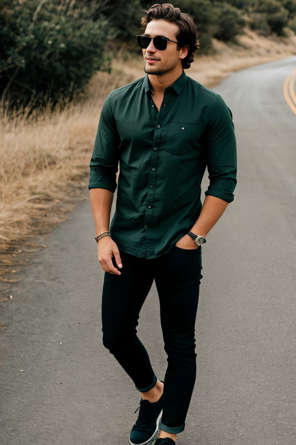 A men , dark green shirt, black jeans, black Sun glass, surf joy linen, 