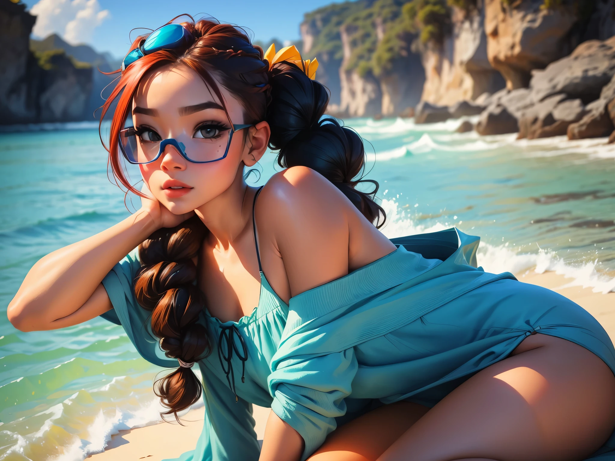 1 girl, bonita e fofa, wearing goggles, vestido branco com detalhes, babyface, estilo chibi, cabelo vermelho e azul de duas cores, braided hair ponytail, olhos de detalhe perfeito, rosto delicado, CG perfeito, qualidade de imagem HD, 3/4 body view, facing camera, looking at camera, offshoulder,
