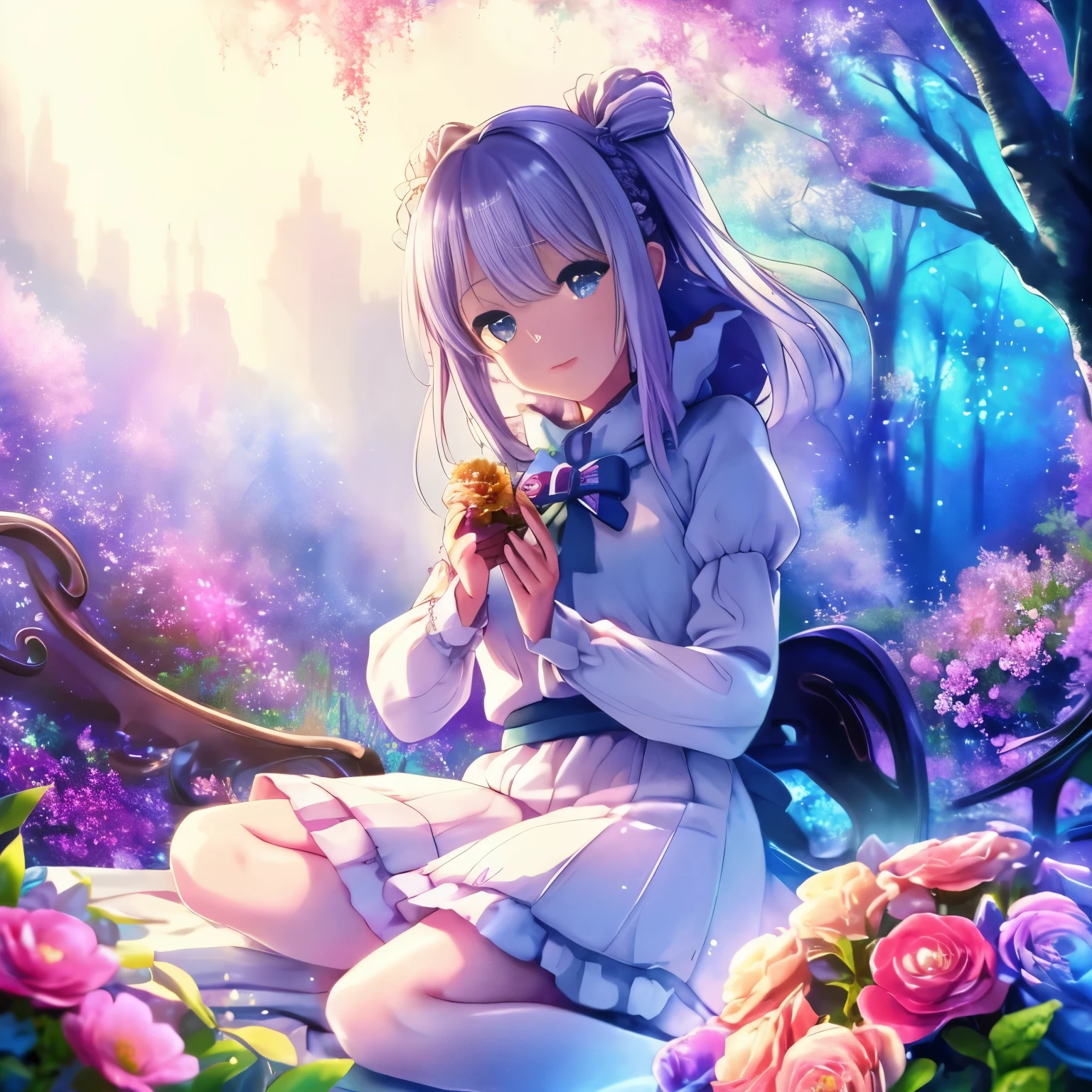 (high quality, 8k), (soft light), Rainbow-colored, one girl, detailed face, fine eyes, watercolor paiting, so magical and dreamy, dreamy and detailed, dreamy atmosphereとドラマ, gorgeous atmosphere, fantastic beautiful lighting, dreamy atmosphere, beautiful atmosphere, dreamy romantic, fantastic dreamy theme, magical atmosphere, beautiful atmosphere, anime background art, magical atmosphere + table top, dreamy aesthetics, Beautiful details with atmosphere, lots of flowers, bubble, water, flower garden, sitting on the ground, shining eyes