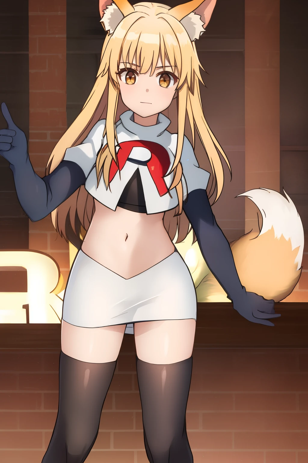 nina, 1girl, solo, long_hair, looking_at_viewer, bangs, blonde_hair, animal_ears, brown_eyes, yellow_eyes, animal_ear_fluff, fox_ears, sleeveless_kimono, team rocket,team rocket uniform, red letter R, white skirt,white crop top,black thigh-highs ,black elbow gloves