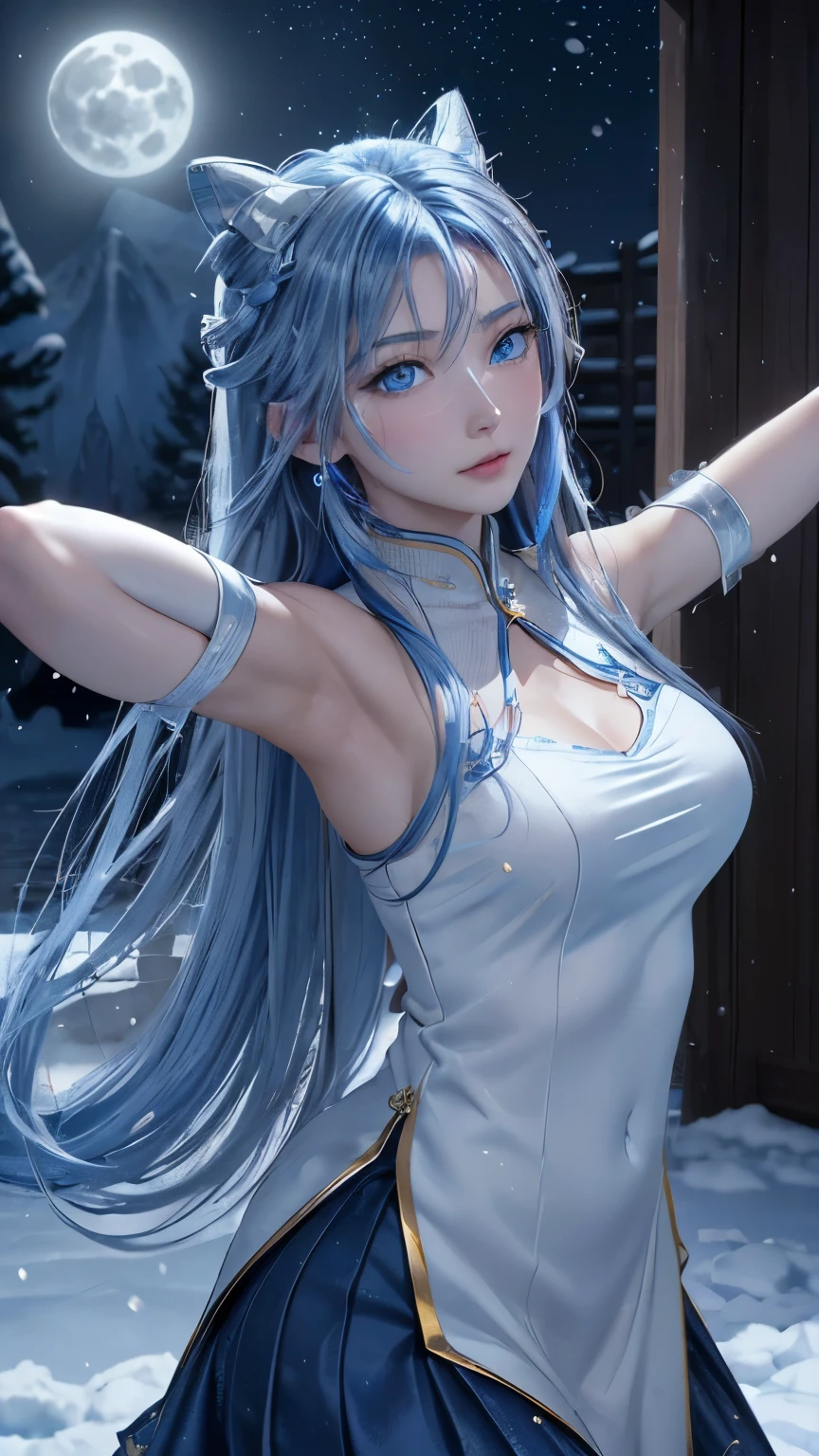 (logo, masterpiece, 8k, table top, RAW photo, wonderful, 最high quality, Photorealistic and hvery detailed CG integrated 8k wallpaper, high quality, very detailed, Narrative poem, particle effects, dynamic effects, written boundary depth, cinematic light, Lens flare, ray tracing)), fantasy, ((1 beautiful woman, clear blue eyes, 銀色のlong hair, beautiful face, real face, beautiful detailed eyes, beautiful skin, woman dancing gracefully:1.7, woman dancing gracefully:1.7)), long hairがWindでなびく, long hairが跳ねる, long hairがWindで踊る, hair jump, jewelry, tattoo, Hanfu, chinese fairy, taoist uniform, silver earrings, ((night, Wind, darkness, full moon, night空, 雪とhoarfrost, very cold winter day, snow-capped mountainや森, hoarfrost, snow-capped mountain々, The beauty and brilliance of frost-covered trees, The tranquility and beauty of a world of ice and snow)), hip up, beautiful eyes, long hair, ring-shaped eyes