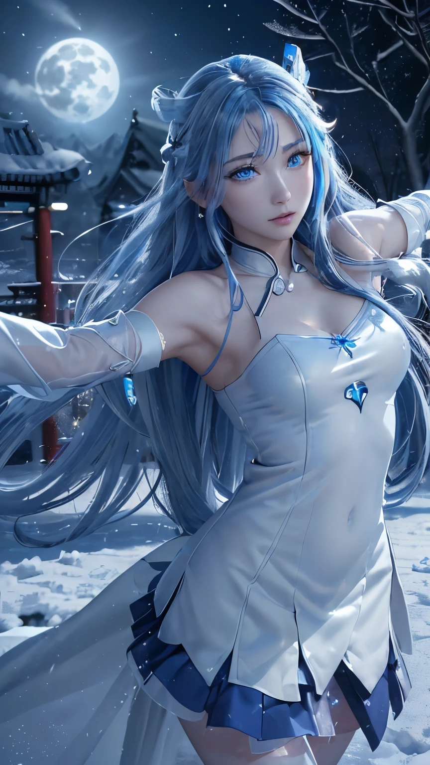 (logo, masterpiece, 8k, table top, RAW photo, wonderful, 最high quality, Photorealistic and hvery detailed CG integrated 8k wallpaper, high quality, very detailed, Narrative poem, particle effects, dynamic effects, written boundary depth, cinematic light, Lens flare, ray tracing)), fantasy, ((1 beautiful woman, clear blue eyes, 銀色のlong hair, beautiful face, real face, beautiful detailed eyes, beautiful skin, woman dancing gracefully:1.7, woman dancing gracefully:1.7)), long hairがWindでなびく, long hairが跳ねる, long hairがWindで踊る, hair jump, jewelry, tattoo, Hanfu, chinese fairy, taoist uniform, silver earrings, ((night, Wind, darkness, full moon, night空, 雪とhoarfrost, very cold winter day, snow-capped mountainや森, hoarfrost, snow-capped mountain々, The beauty and brilliance of frost-covered trees, The tranquility and beauty of a world of ice and snow)), hip up, beautiful eyes, long hair, ring-shaped eyes