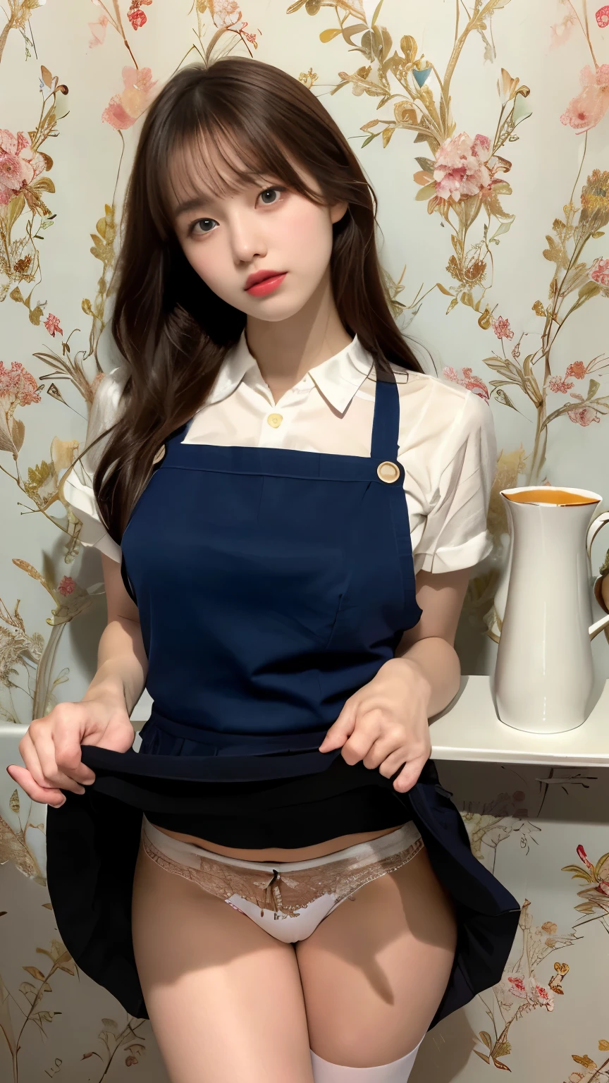 (Masseter muscle part、highest quality、Mysterious、beautiful beautiful、perfect human body balance、official art、Impressionism:1.2)、(1 girl:1.3)、(fractal art:1.0)、shiny skin、pattern、(alice in wonderland:1.2)、(Cafe、Tea cup、pocket watch:1.3)、(long hair、tie hair with ribbon、blue clotheini skirt、beautiful feet、white apron、white socks、Japanese、、brown eyes)、(skirt lift)、white lace panties、exotic wallpaper、Very chic、abstract background、Fantastic、The most beautiful portrait in the world、