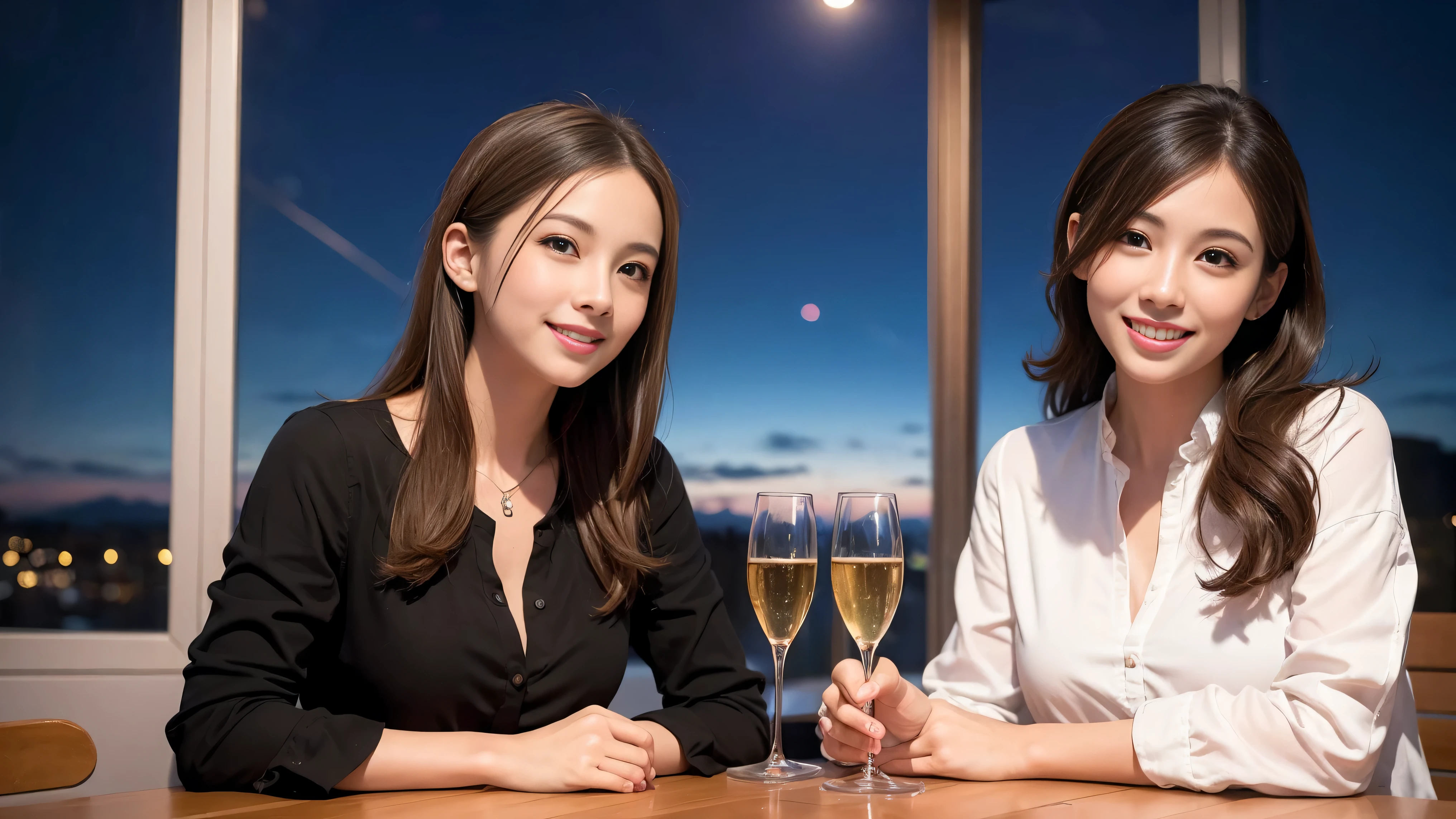 64k, Hmm, highest quality, masterpiece: 1.2), (realistic, photorealistic: 1.37), Spectacular view of the sunset sky and clouds、slimな美女3名, (slimフェイス),Happy、 最高なsmile、Fox face、Berry Short、(because I'thin), (brown hair), (shortcut), long sleeve shirt、winter fashion、Colombian、Brazilian、Japanese、Dutch、German、Portuguese、Belgian、Italian、French,Champagne、sparkling wine、 (gush out), (slimボティ), (brown hair), (shortcut), neat beauty、cheeks turn a little red, (35 years old), 38 years old, alone, A beautiful and detailed night view spreads out outside the window...., restaurant, wine glassが座っている, At night, in a prominent place (from the Upper body) nova frog style, actress, model, Upper body, White wine, slim, wine glass, Very beautiful night view, wine glass Put in the Middle, Happy smile, (smile: 1.15),
