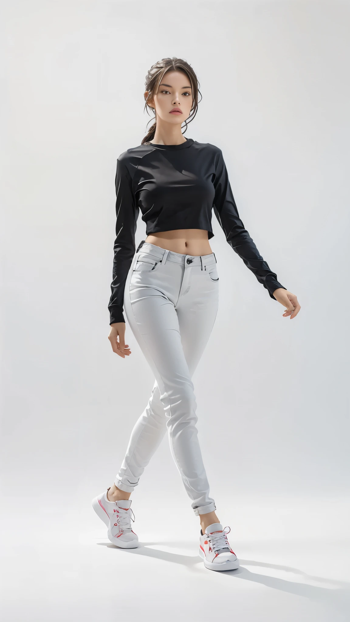 16K, Masterpiece, photorealism, A girl walks to her full height, a girl with dark long hair, a girl dressed in a white top, light jeans, white sneakers, white background,