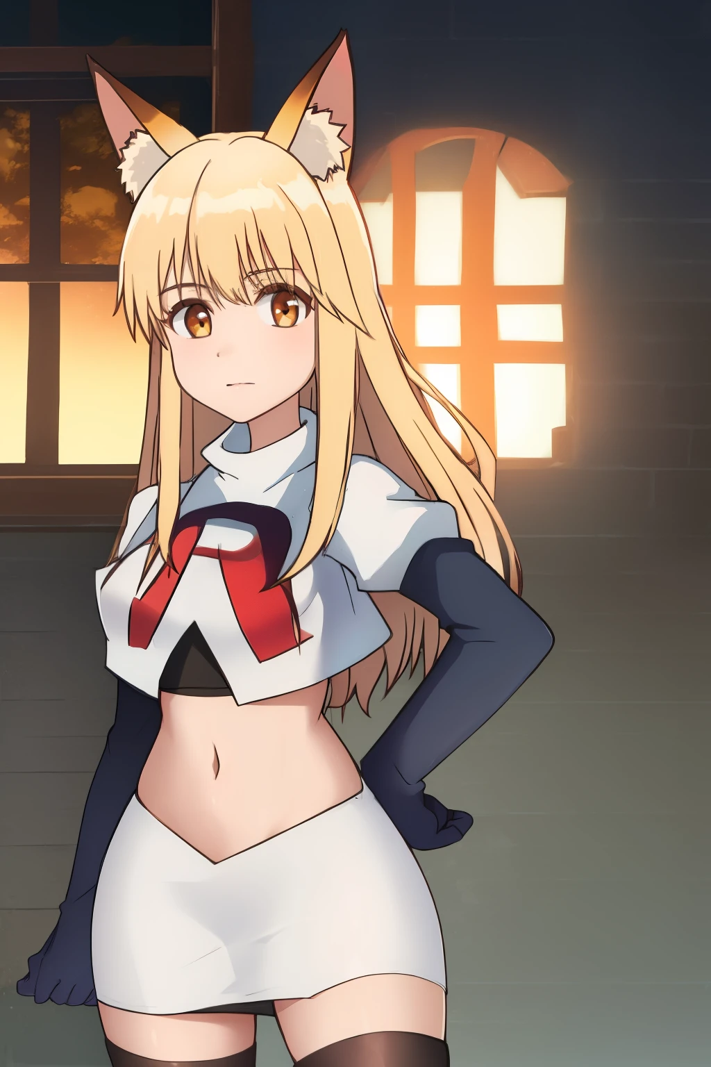 nina, 1girl, solo, long_hair, looking_at_viewer, bangs, blonde_hair, animal_ears, brown_eyes, yellow_eyes, animal_ear_fluff, fox_ears, sleeveless_kimono, team rocket,team rocket uniform, red letter R, white skirt,white crop top,black thigh-highs ,black elbow gloves