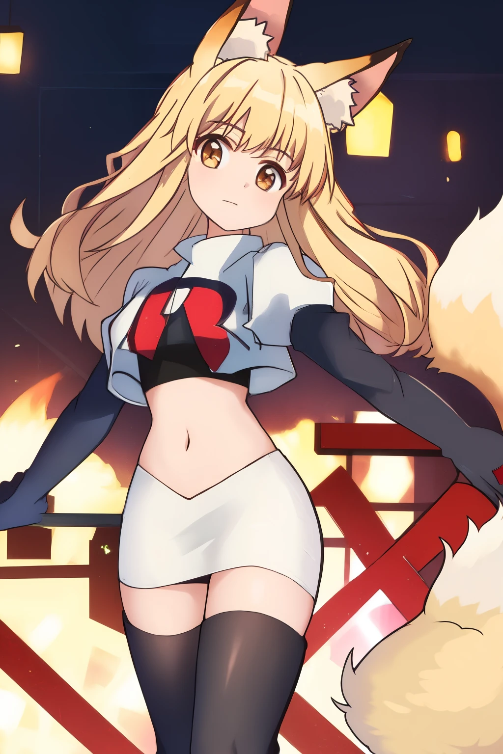 nina, 1girl, solo, long_hair, looking_at_viewer, bangs, blonde_hair, animal_ears, brown_eyes, yellow_eyes, animal_ear_fluff, fox_ears, sleeveless_kimono, team rocket,team rocket uniform, red letter R, white skirt,white crop top,black thigh-highs ,black elbow gloves