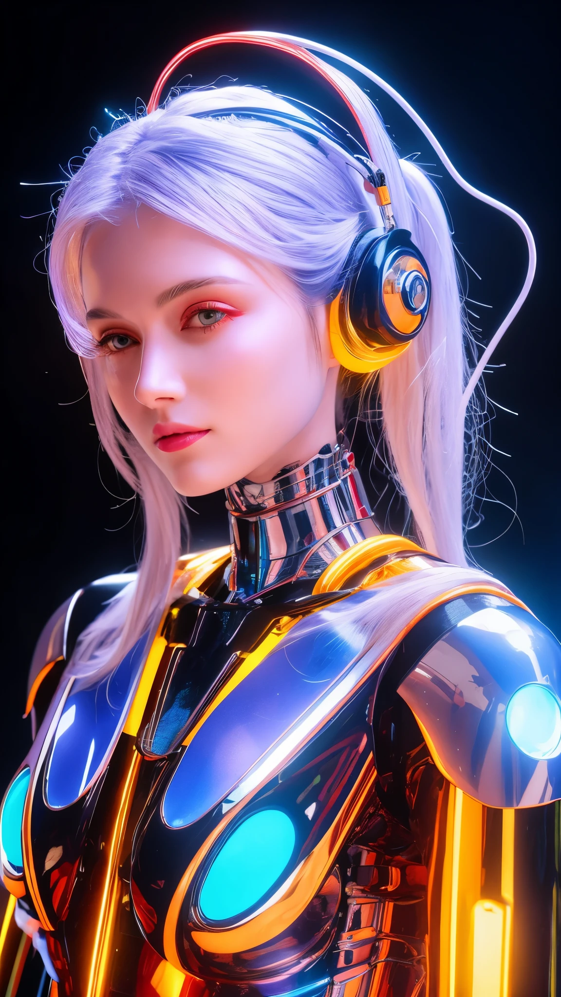 a image of a woman wearing colorful robot tech, in the style of free-flowing surrealism, shiny/glossy, precise and lifelike, hard surface modeling, precisionist lines, light silver and azure, engineering/construction and design，Luminous headphones, Luminous hair accessories, long hair, Luminous earrings, glow necklace, cyberpunk,transparent clothes