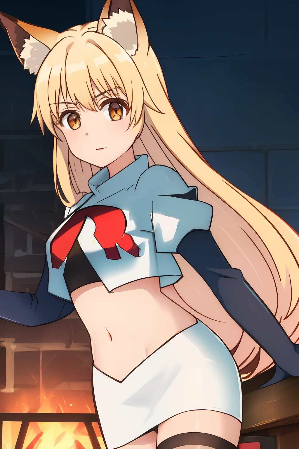 nina, 1girl, solo, long_hair, looking_at_viewer, bangs, blonde_hair, animal_ears, brown_eyes, yellow_eyes, animal_ear_fluff, fox_ears, sleeveless_kimono, team rocket,team rocket uniform, red letter R, white skirt,white crop top,black thigh-highs ,black elbow gloves