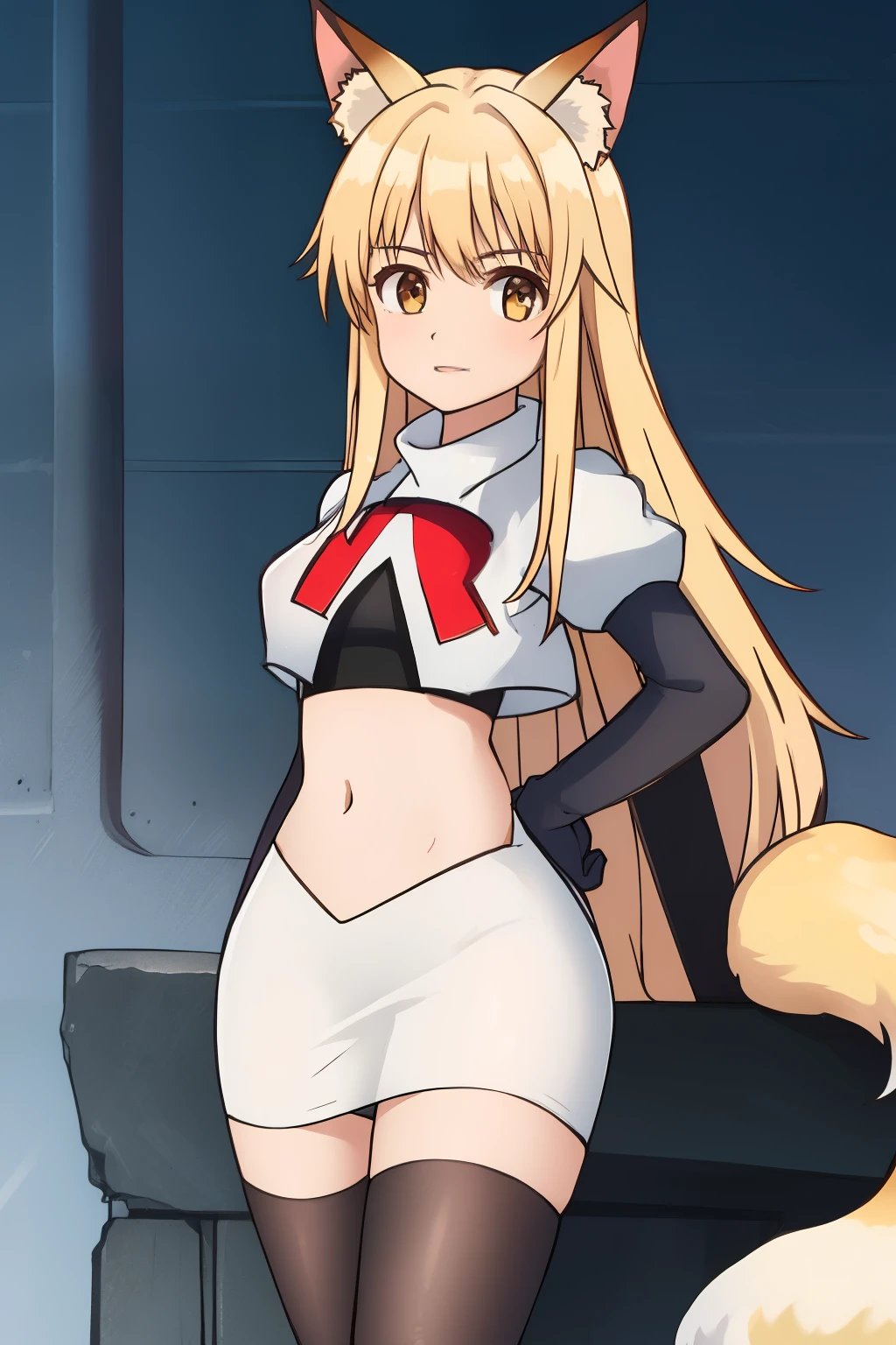 nina, 1girl, solo, long_hair, looking_at_viewer, bangs, blonde_hair, animal_ears, brown_eyes, yellow_eyes, animal_ear_fluff, fox_ears, sleeveless_kimono, team rocket,team rocket uniform, red letter R, white skirt,white crop top,black thigh-highs ,black elbow gloves