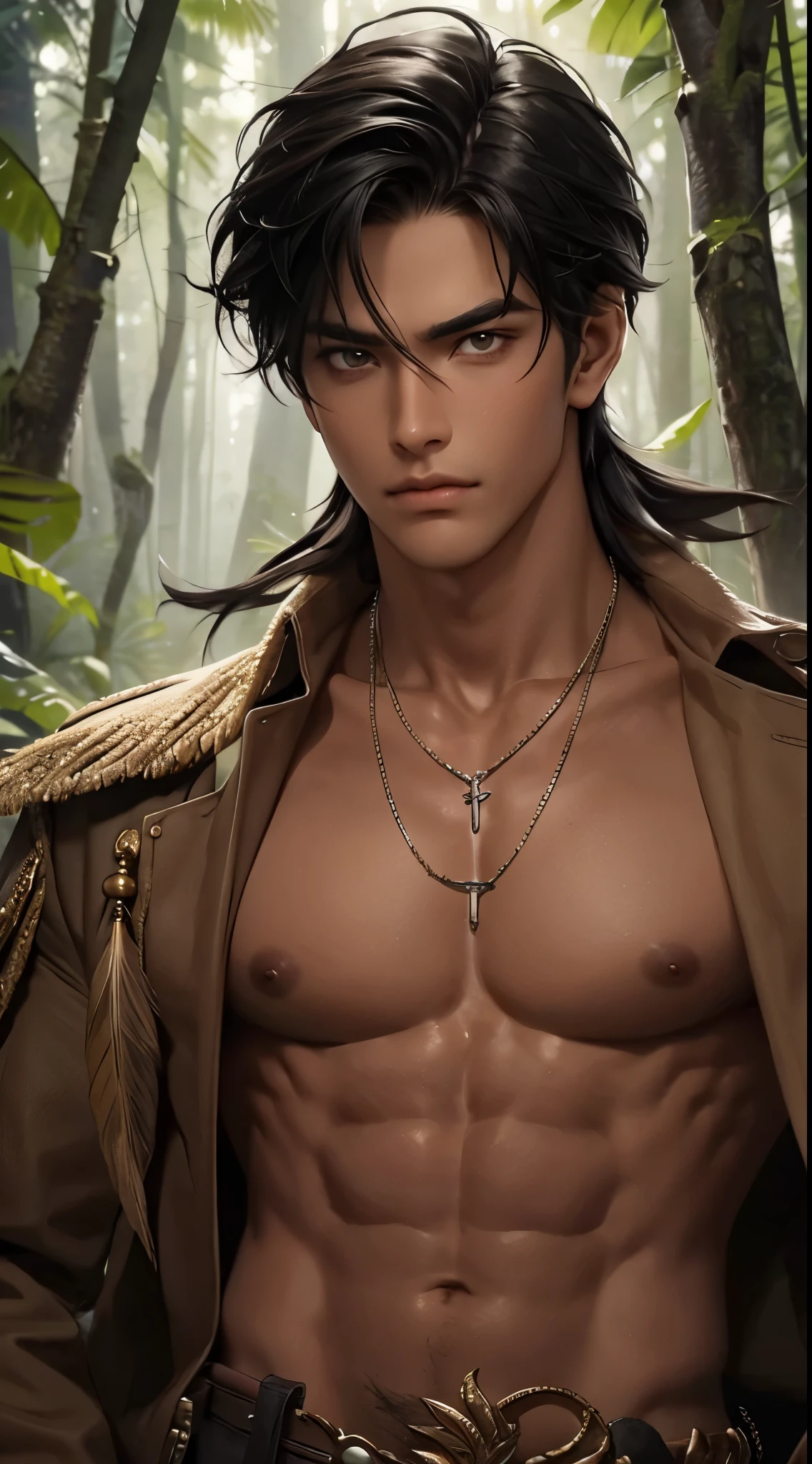 1 boy,Handsome，tall and strong,perfect male figure, eyes looking at camera, ((tanned skin)),forest，primitive，feather hair accessories，Oil paint on the face，black hair,serious expression,Beast tooth necklace,Ray tracing