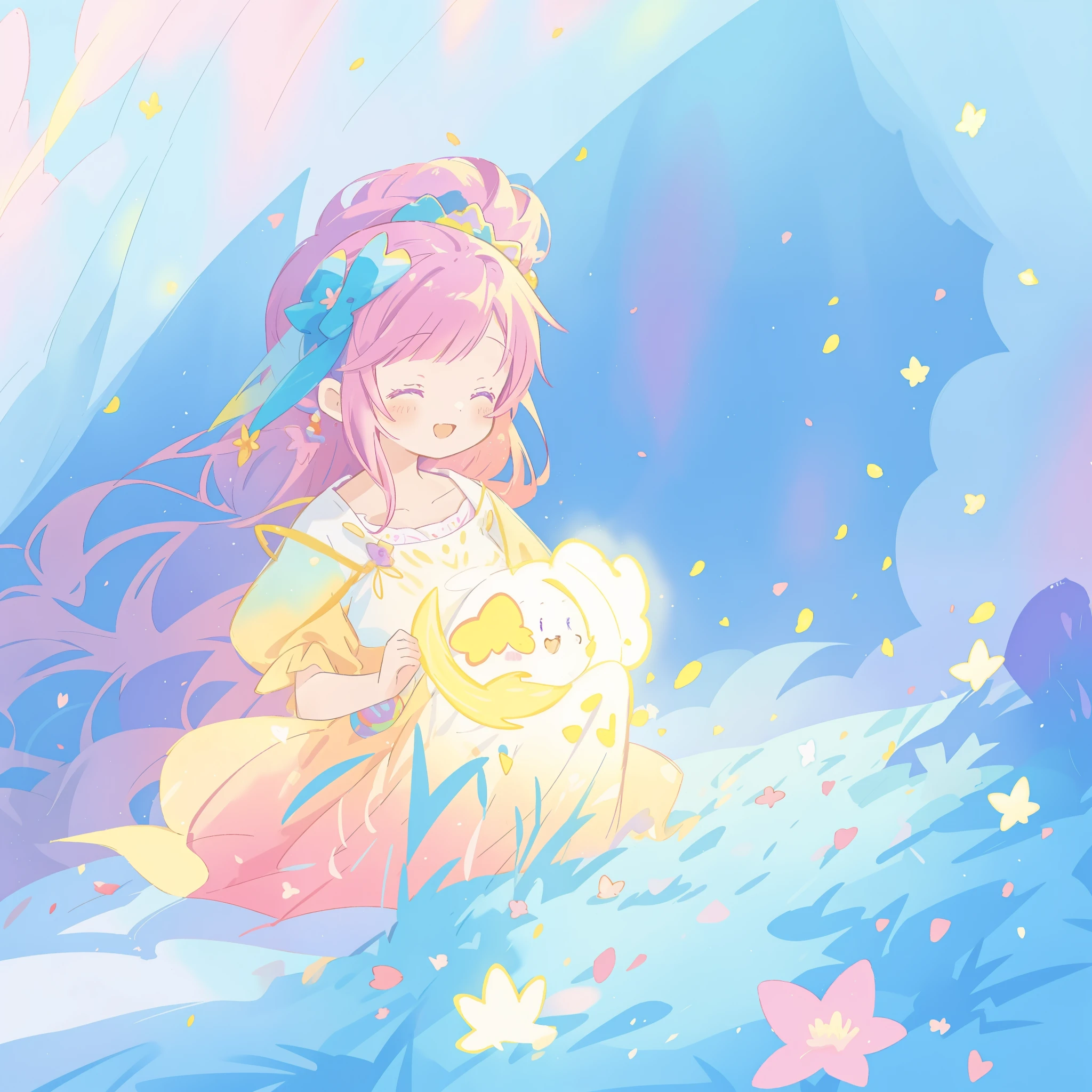 beautiful girl in yellow minut gradient flowing dress, long flowing blue purple pink hair, colorful fantasia background, vibrant bright colors, watercolor illustration, disney art style, glowing aura around her, glowing lights, beautiful digital illustration, fantasia otherworldly landscape plants flowers, beautiful, masterpiece, best quality, anime disney style
