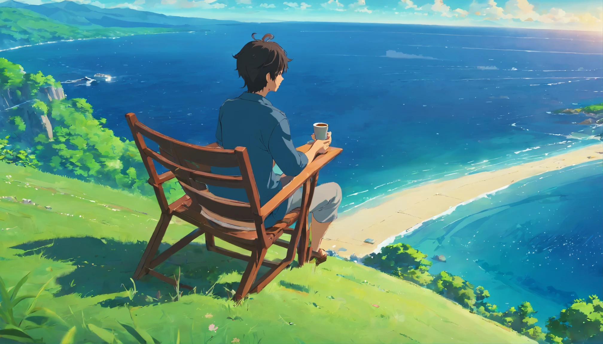 On a hill with a view of the sea、sitting on a chair and drinking coffee、Comfortable、leisurely、Calm、blue sky、kind-looking young man、back view