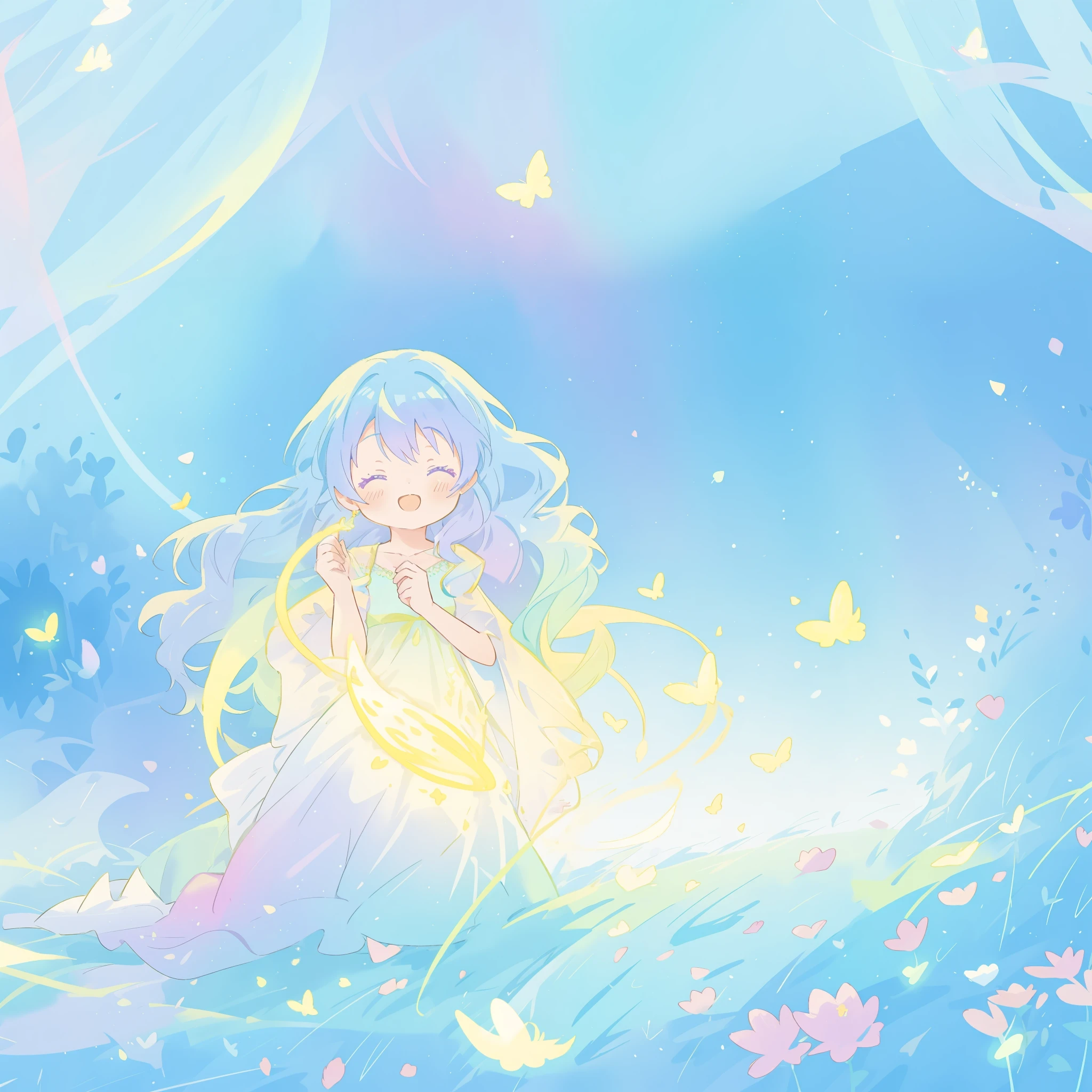 beautiful girl in yellow mint gradient flowing dress, long flowing blue purple hair, colorful fantasia background, vibrant bright colors, watercolor illustration, disney art style, glowing aura around her, glowing lights, beautiful digital illustration, fantasia otherworldly landscape plants flowers, beautiful, masterpiece, best quality, anime disney style