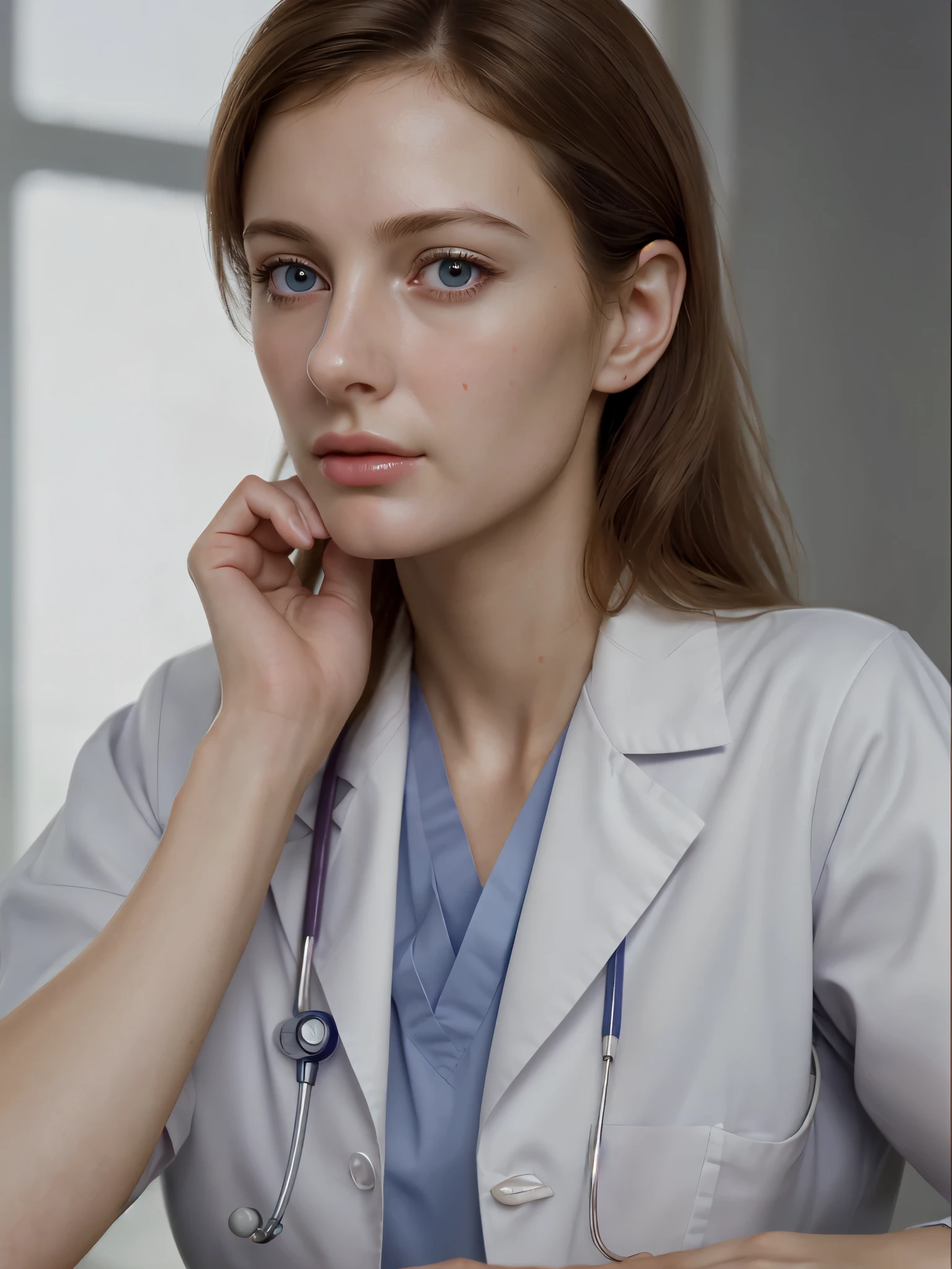 masterpiece, best quality, extremely detailed, hyperrealistic, photorealistic, a beautiful french doctor, doctor uniform, one hand up, elbows on table, placing her hand on her cheek, hospital:1.1, ultra detailed face
