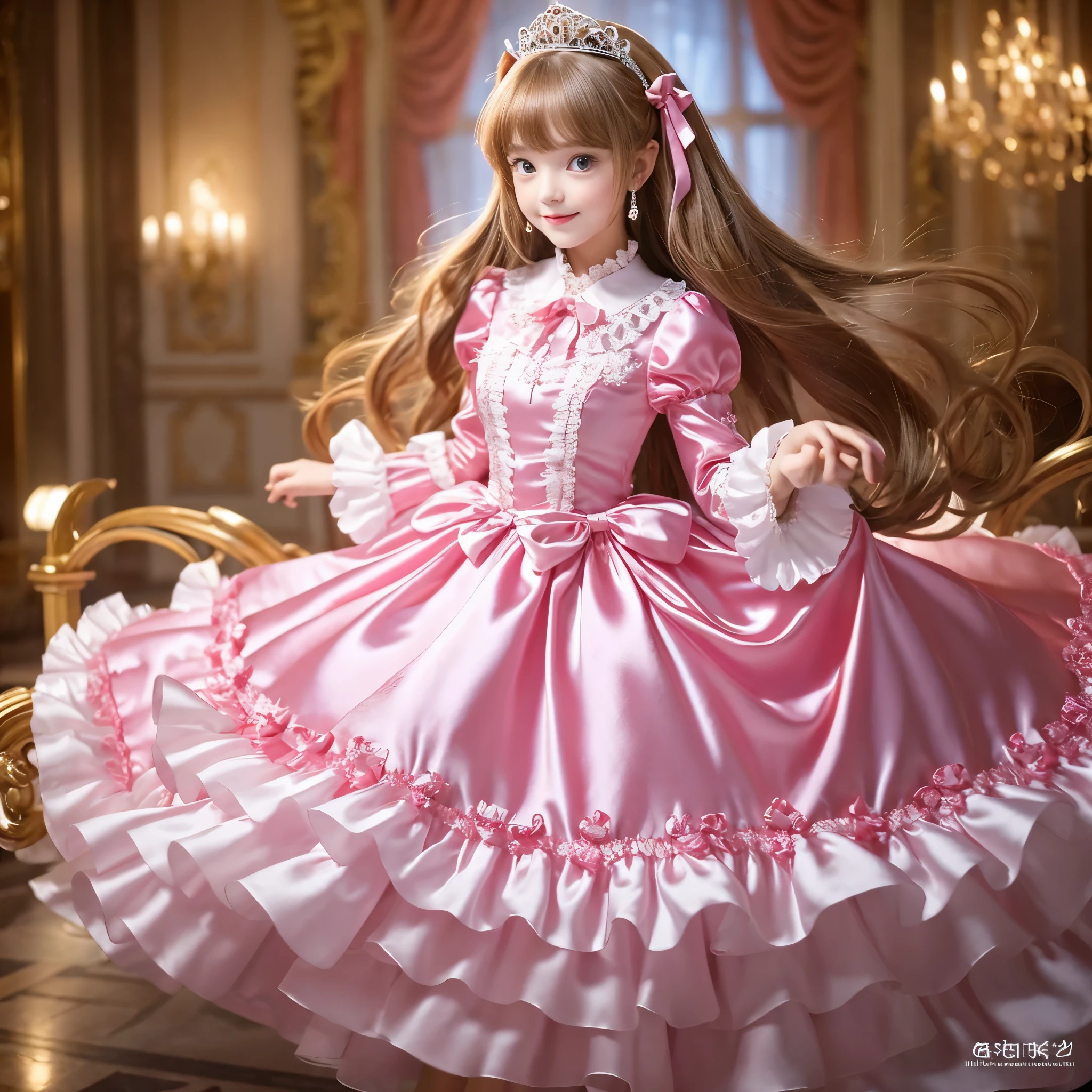 ,highest quality, masterpiece, highest resolution, artwork, super それにget used to it, many get used to it, get used to it, それにget used to it, 3K realistic photos,,(( old little girls)),Super detailed baby face,both are princesses,Full length ball gown dress with hoop skirt,ruffle yoke collar,Detailed braided ribbon at chest,puff sleeves,long sleeve,((Lolita e hot pink detailed princess satin dress、Comes with lots of frills and ribbons。)),crazy'colorful fashion,shiny silk satin dress,soft and smooth silk satin fabric,luxury,super long blonde hair,Super long hair that grows to your height,blue eyes,white skin european,pajamas,((Inside a luxurious and romantic castle)),Princess dancing happily,gorgeous flowing dress,Fluttery and delicate dress,Super long flowing hair,fine white frills and lace,dancing happily in a large room,