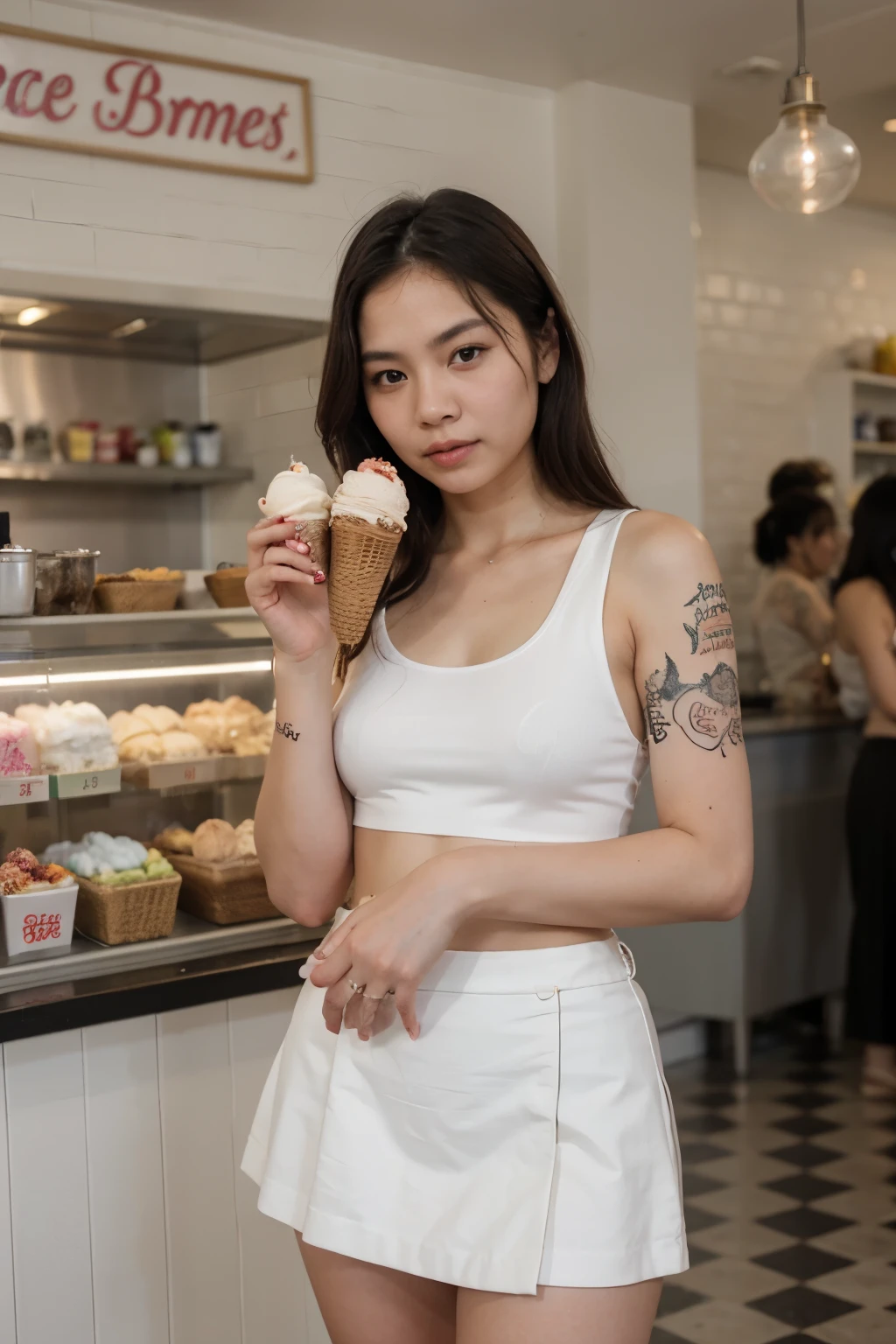 Thai women wear white tank tops Small tattoos in the skin Wear a short skirt Put the canvas backing in the bag. In the ice cream shop, one hand holds an ice cream cone. There are 3 ice cream sticks.