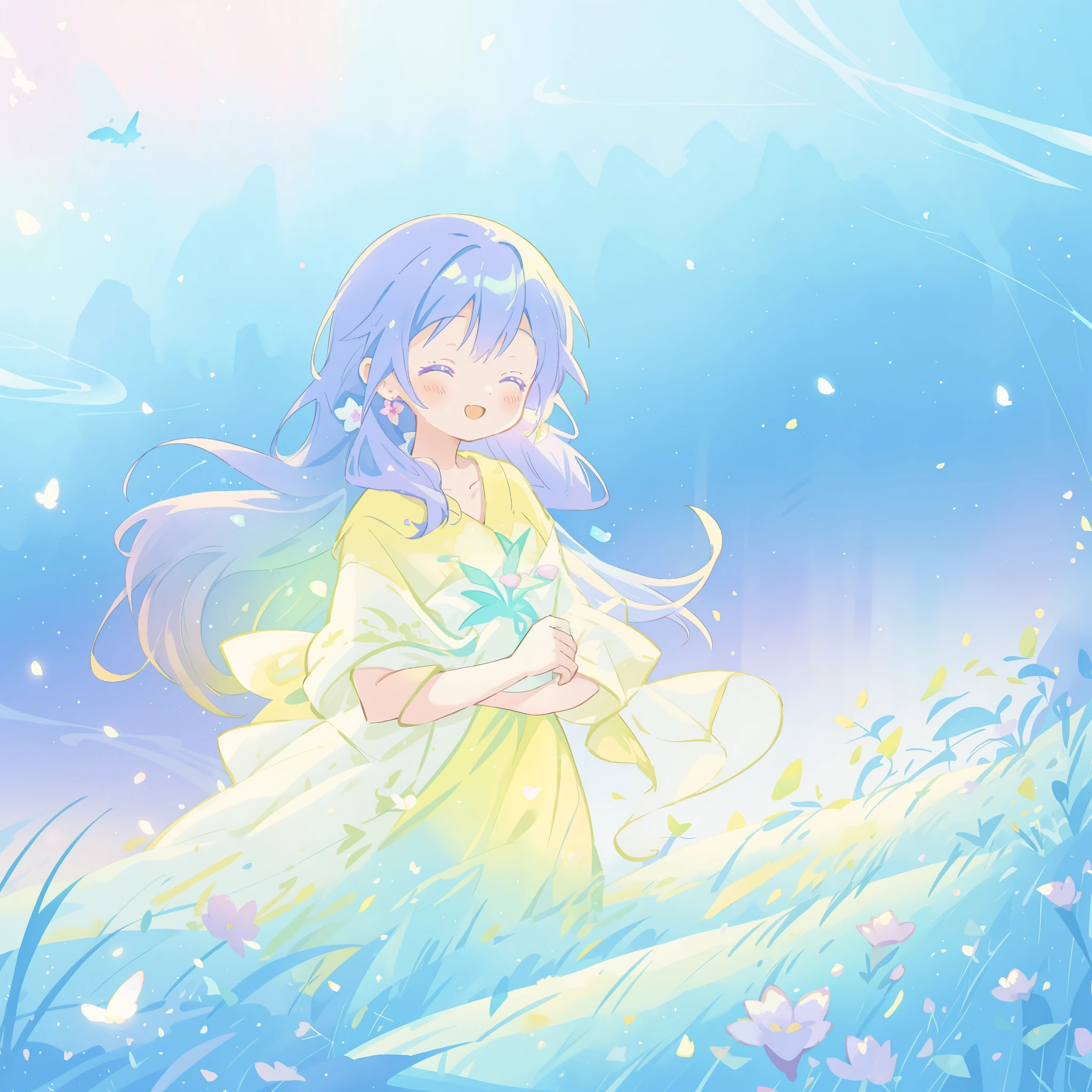 beautiful girl in yellow mint gradient flowing dress, long flowing blue purple hair, colorful fantasia background, vibrant bright colors, watercolor illustration, disney art style, glowing aura around her, glowing lights, beautiful digital illustration, fantasia otherworldly landscape plants flowers, beautiful, masterpiece, best quality, anime disney style