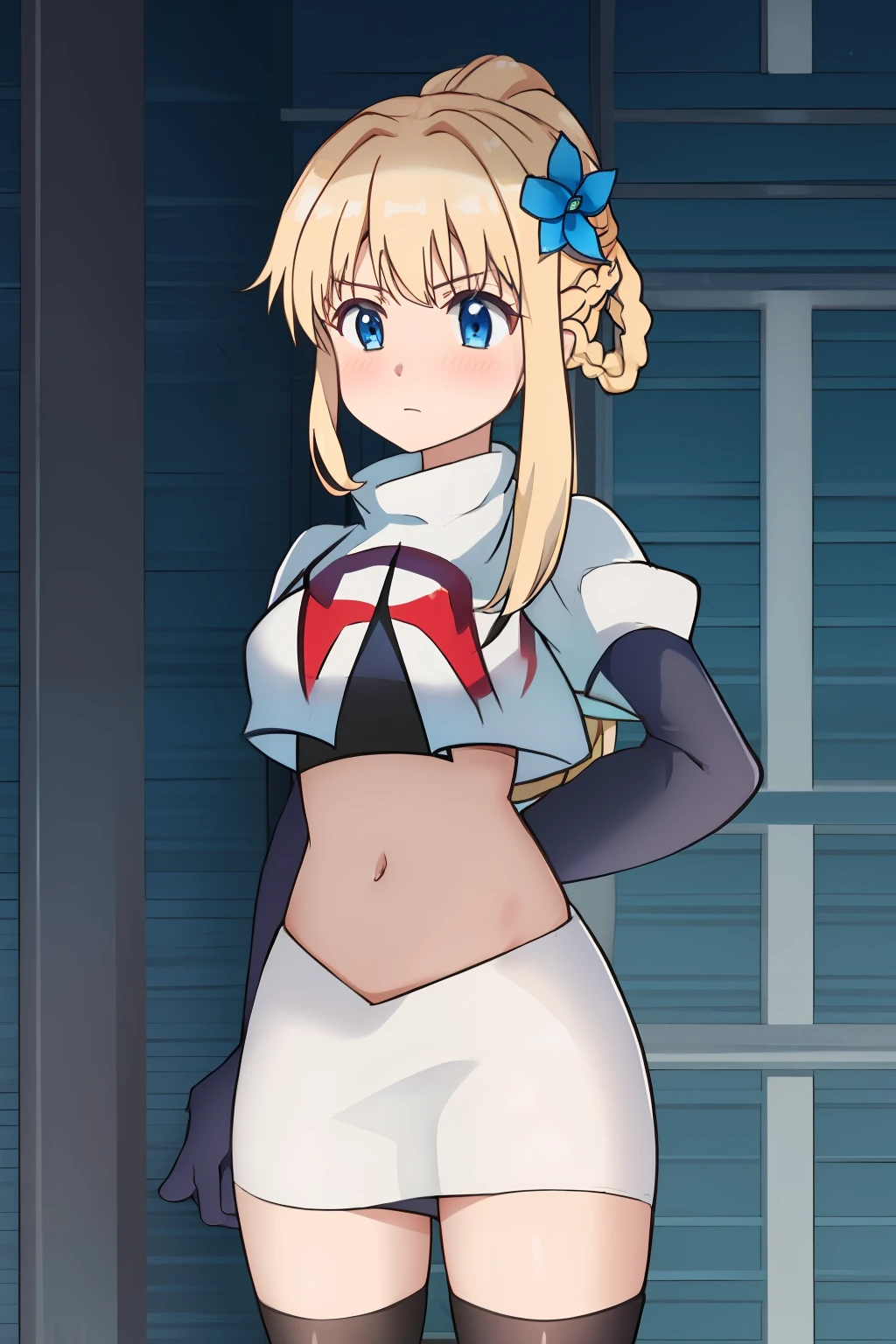 sora, anime art style, 1girl, solo, blush, bangs, blue_eyes, blonde_hair, hair_ornament, ponytail, braid, flower, hair_flower, blue_flower, team rocket,team rocket uniform, red letter R, white skirt,white crop top,black thigh-highs ,black elbow gloves