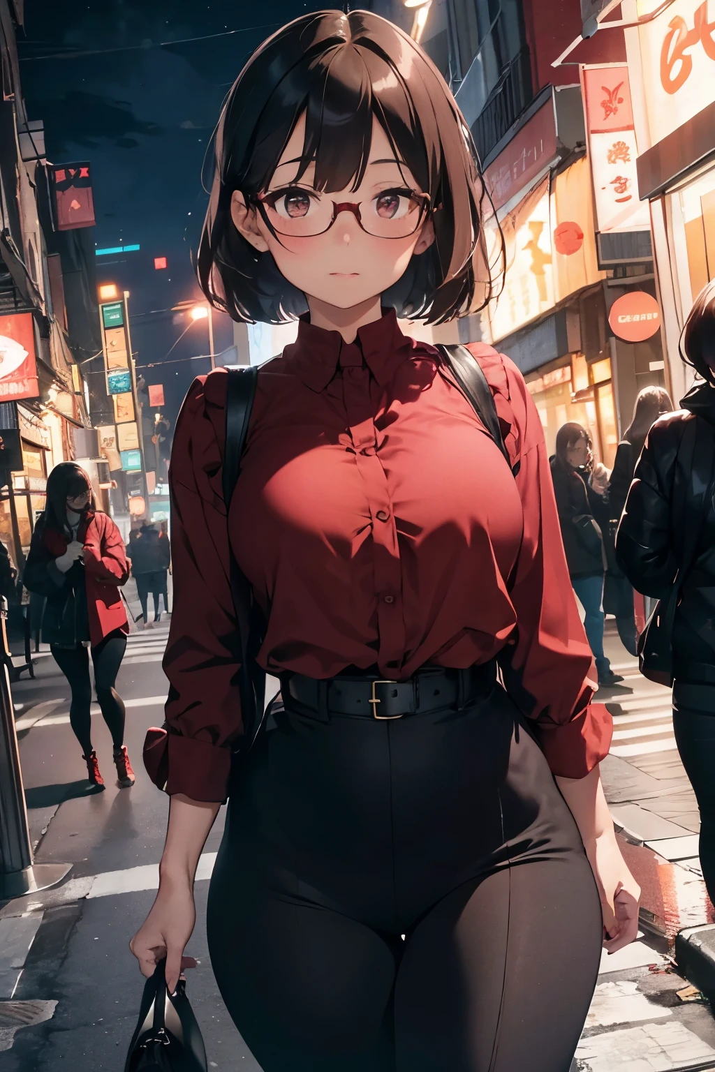 1 girl, round-faced woman, short brown hair, rosy blushing cheekbones and cheeks, wearing glasses, small breasts, slim waist, large thighs, walking on the streets of a night city

This image depicts a lovely round-faced woman with short brown hair and rosy blushing cheekbones and cheeks. She wears glasses and walks on the streets of a night city, clad in a dark red blouse and black pants, her thighs showing a noticeable size. With her small breasts and slim waist, she presents an alluring contrast. The city around her is shrouded in the deep quiet of the night.