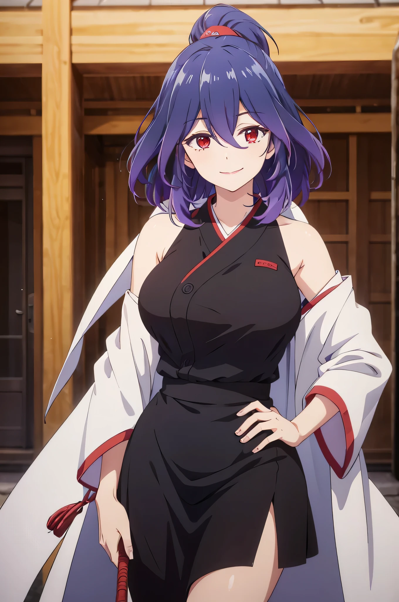 tall body, tall, long legs, mature female, mature, adult, simple background eft_vermeil, 1girl, solo, breasts, purple hair, black dress, red eyes, large breasts, medium hair, looking at viewer,, hair between eyes, short hair, blue hair, multicolored hair,,in miko clothes cleaning the entrance of the Temple, , long hair, ponytail, white robe, (red hakama;1.45), straw broom, Tsurugaoka Hachimangu Temple, cute, kawaii, beautiful, smile posing, looking at viewer, (masterpiece, best quality:1.5) ,high resolution, extremely detailed, trending on pixiv, masterpiece, cinematic lighting, (anime art style:1.45