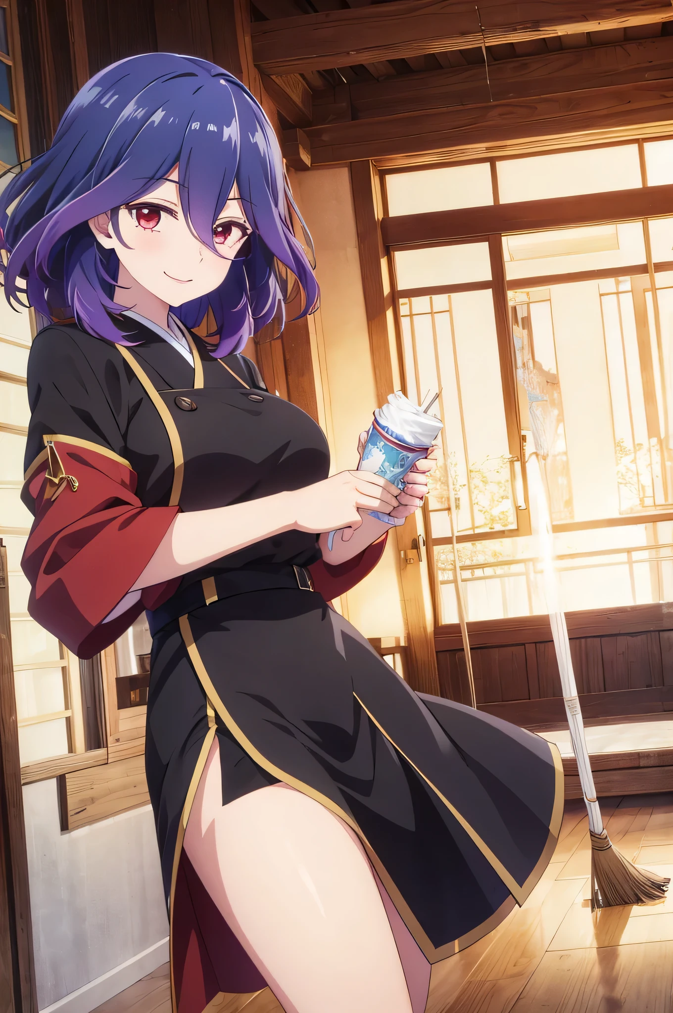 tall body, tall, long legs, mature female, mature, adult, simple background eft_vermeil, 1girl, solo, breasts, purple hair, black dress, red eyes, large breasts, medium hair, looking at viewer,, hair between eyes, short hair, blue hair, multicolored hair,,in miko clothes cleaning the entrance of the Temple, , long hair, ponytail, white robe, (red hakama;1.45), straw broom, Tsurugaoka Hachimangu Temple, cute, kawaii, beautiful, smile posing, looking at viewer, (masterpiece, best quality:1.5) ,high resolution, extremely detailed, trending on pixiv, masterpiece, cinematic lighting, (anime art style:1.45