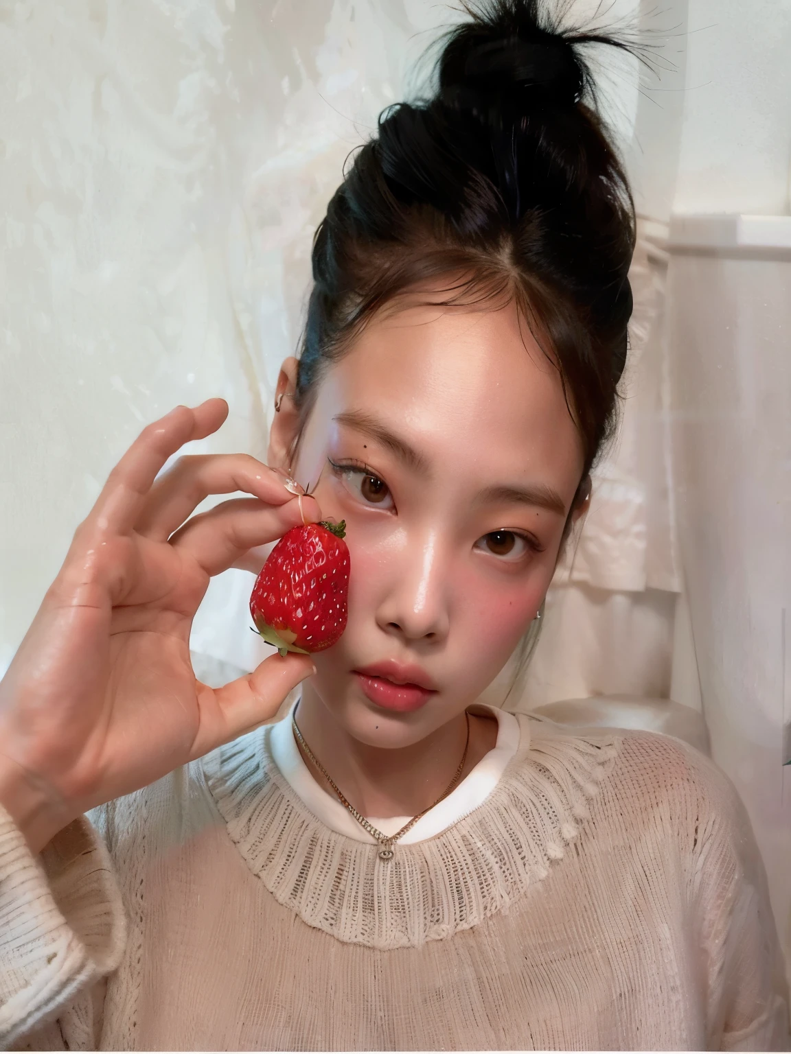 There's a woman holding a strawberry in her hand, jennie blackpink, segurando um morango,Jennie do blackpink, gema chen, Ulzzang,, Jennie do Blackpink, sem maquiagem, com morangos, wenfei you, jennie do Blackpink,
