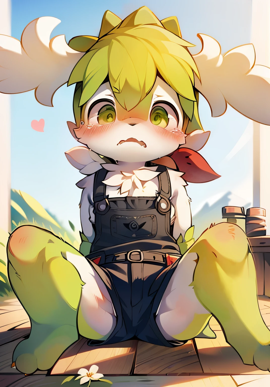 masterpiece,high quality,abstract research,number\(artwork\), yupa, Kiyoyama,(Hana Charcoalo,fluffy fur,Character focus:1.1),Hana Charcoalo male cat,short hair,portrait , eyes are very bright, panoramic, Character focus.(Detailed background:0.7), alone, hairy, hairy male, Shaymin，Sky forme Shaymin，male focus, juvenile，Shota，**********，Hana Charcoal,(全身hairy的, hairy的尾巴, white fur, green eyes, big ear，green hair，Green paws，green feet:1.2), (canine、overalls shorts：1.2），（External、noon、flower field：1.1）Mountains and fields，albani flower，lederhosen, Lovely，red scarf，sit on the floor, crying with tears, sad, tied up