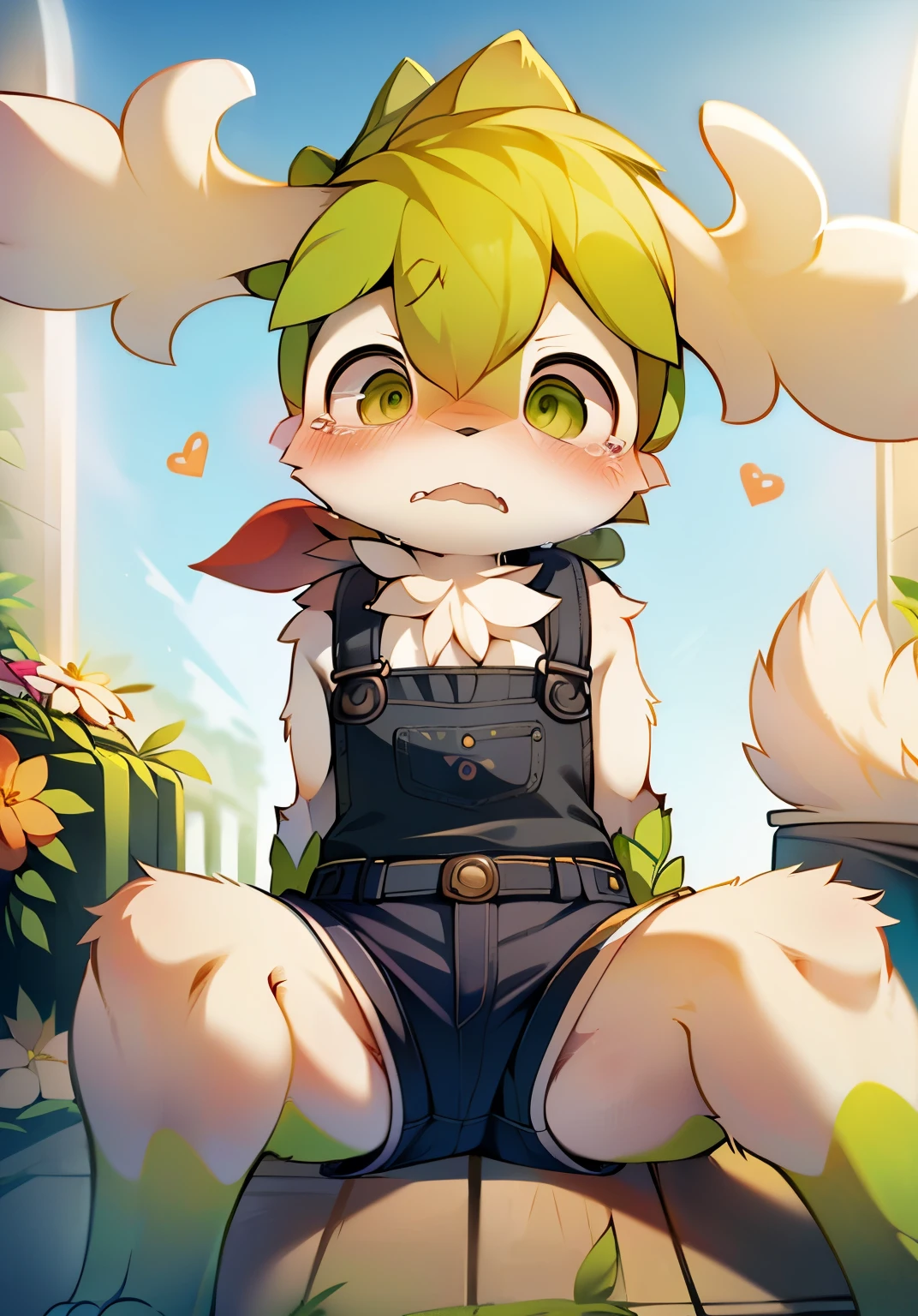 masterpiece,high quality,abstract research,number\(artwork\), yupa, Kiyoyama,(Hana Charcoalo,fluffy fur,Character focus:1.1),Hana Charcoalo male cat,short hair,portrait , eyes are very bright, panoramic, Character focus.(Detailed background:0.7), alone, hairy, hairy male, Shaymin，Sky forme Shaymin，male focus, juvenile，Shota，**********，Hana Charcoal,(全身hairy的, hairy的尾巴, white fur, green eyes, big ear，green hair，Green paws，green feet:1.2), (canine、overalls shorts：1.2），（External、noon、flower field：1.1）Mountains and fields，albani flower，lederhosen, Lovely，red scarf，sit on the floor, crying with tears, sad, tied up