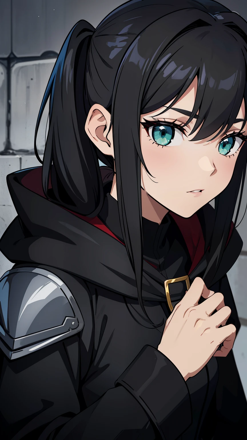 (high-quality, breathtaking),(expressive eyes, perfect face) portrait, 1girl, female, solo, adult, age 20, black hair, green eye color, long hair length, looking at viewer, half body, calm expression, fantasy clothing, elegant, mature, height 4"3, adventurer attire, rouge attire, rouge profession, short height, Dungeons & Dragons character, black hooded cloak, black jacket, black longsleeved shirt, black shorts, silver trim, glove on right hand, shoulder pads, pigtails, pigtails hairstyle, stylized hair, leather armor, light tanned skin
