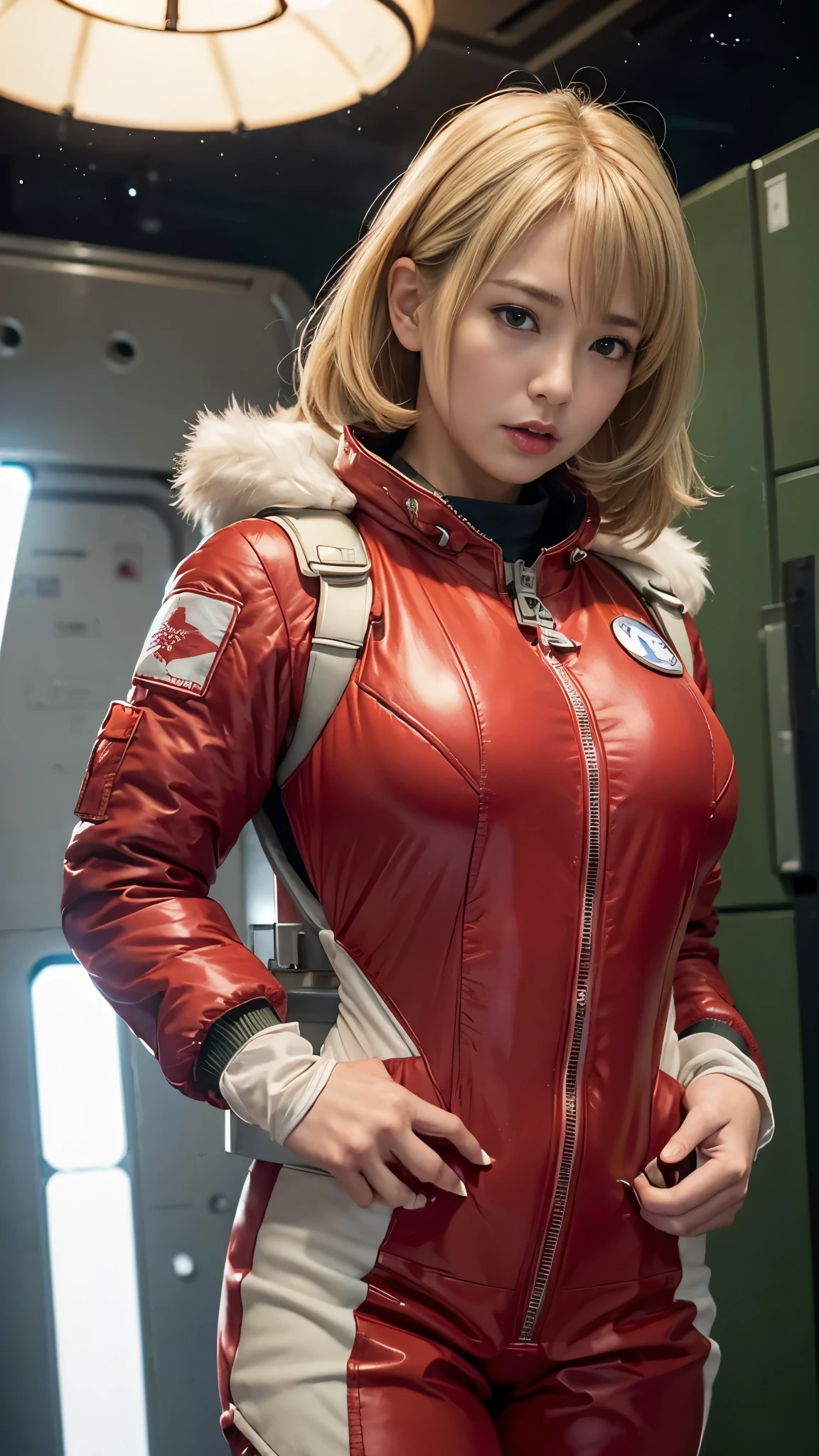 (hyper real)、future female pilots、
Huge Beautiful woman High level image quality High resolution realistic short hair blonde、 blondeの女性、mature woman、middle-aged women、((big big skin texture、超High resolution、realistic、Chubby body type、angry face、beauty of middle age、beautiful expression、Detailed green ironed fluffy hair、Kamimei、Very delicate and delicate skin texture、35A woman piloting a giant space station)、female pilot batlight red lips、((wear a red flight suit))、(((alone)))、