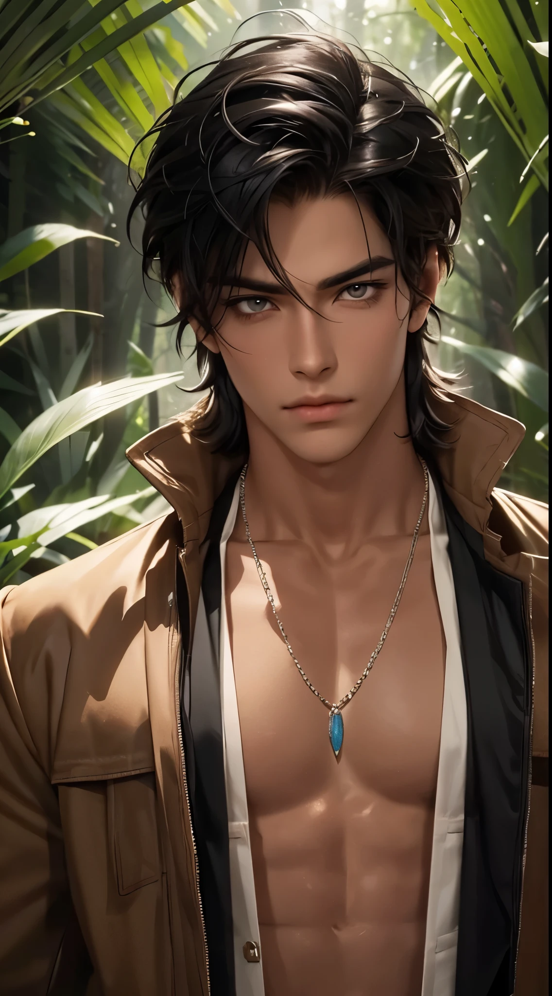 1 boy,Handsome，tall and strong,perfect male figure, eyes looking at camera, ((tanned skin)),forest，feather hair accessories，black hair,serious expression,necklace,Ray tracing