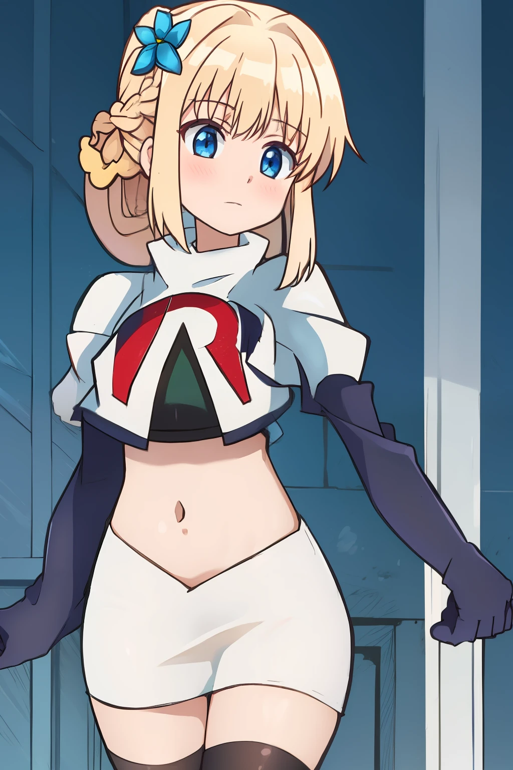 sora, anime art style, 1girl, solo, blush, bangs, blue_eyes, blonde_hair, hair_ornament, ponytail, braid, flower, hair_flower, blue_flower, team rocket,team rocket uniform, red letter R, white skirt,white crop top,black thigh-highs ,black elbow gloves