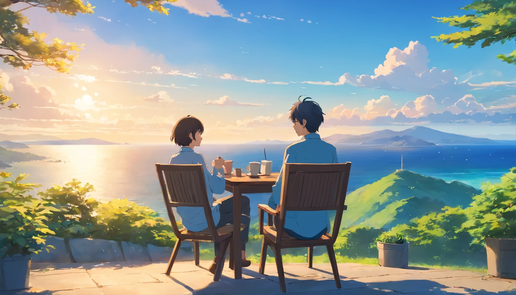 On a hill with a view of the sea、sitting on a chair and drinking coffee、Comfortable、leisurely、Calm、blue sky、kind-looking young man、back view