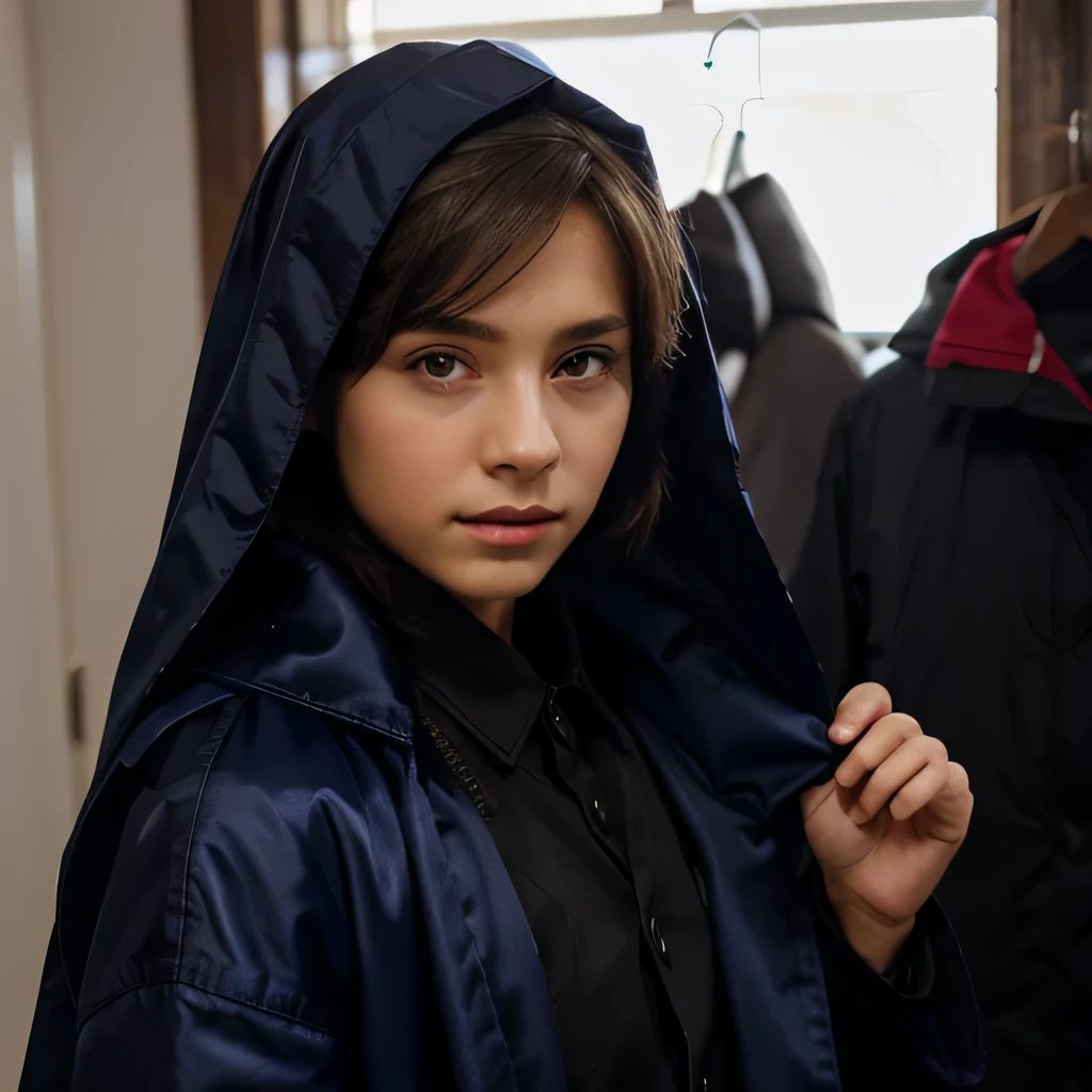 A photo of a boy with a woman's coat and satin veil and low make-up
